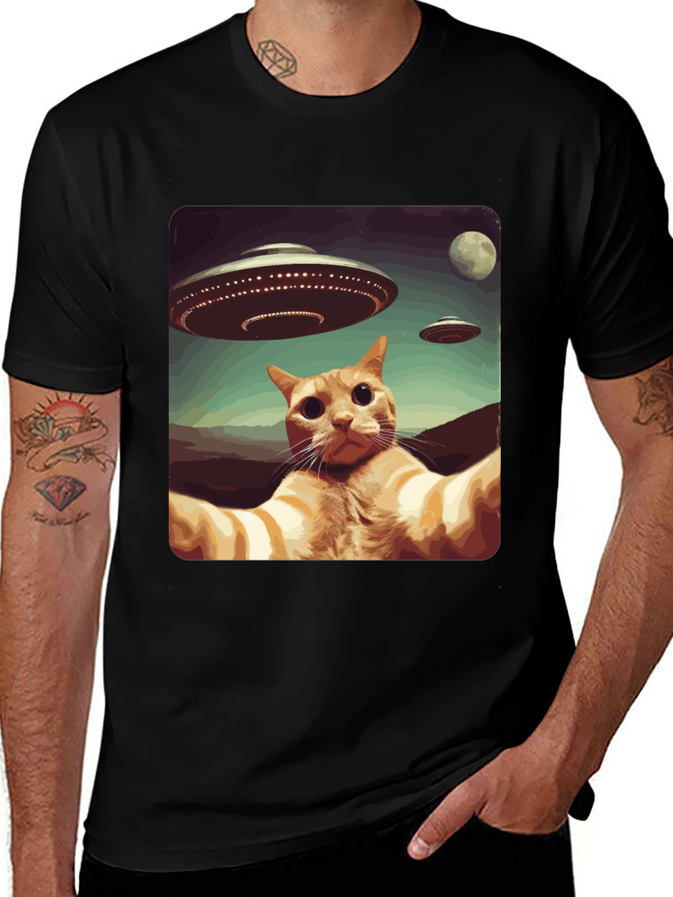 Cat Selfie Alien UFO Graphic Tee