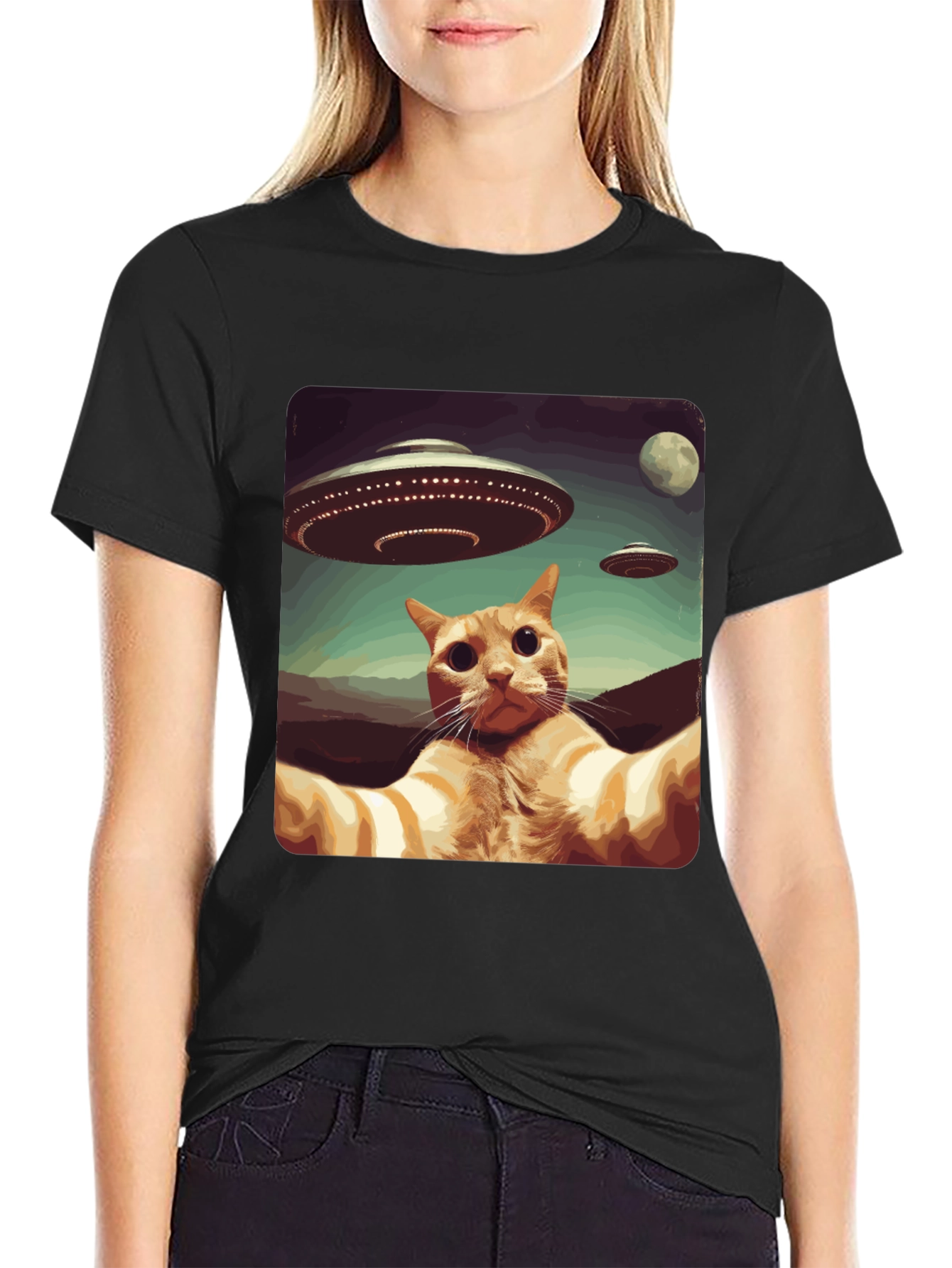 Cat Selfie Alien UFO Graphic Tee
