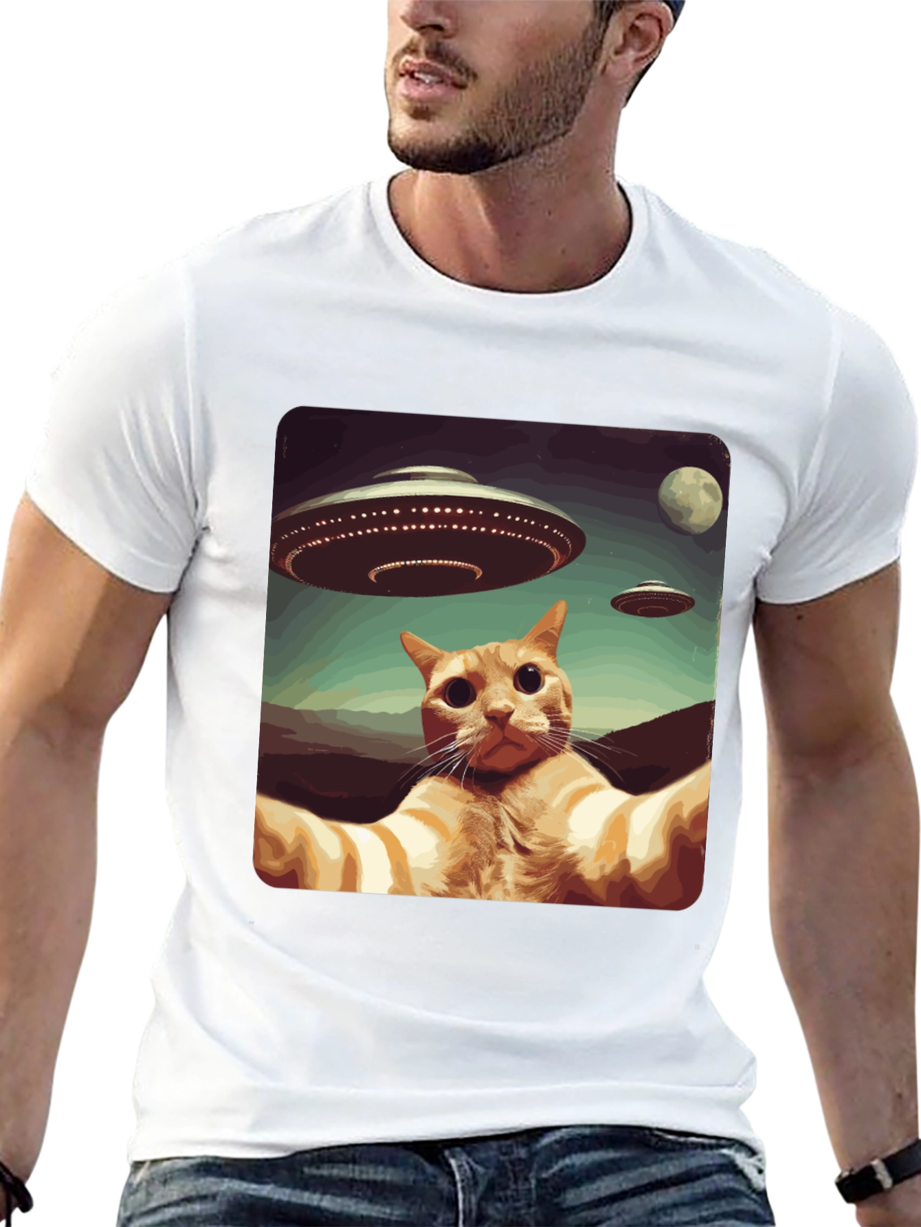 Cat Selfie Alien UFO Graphic Tee