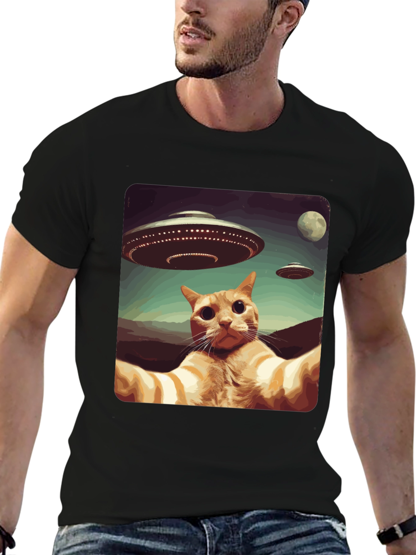 Cat Selfie Alien UFO Graphic Tee