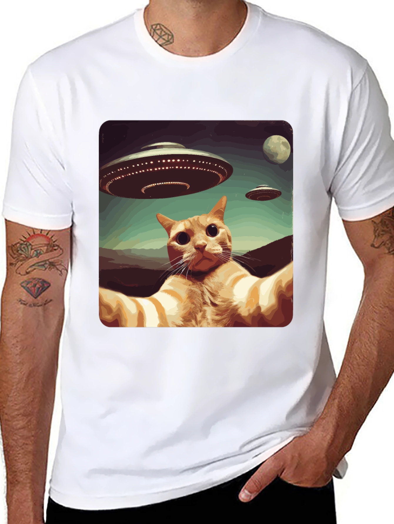 Cat Selfie Alien UFO Graphic Tee