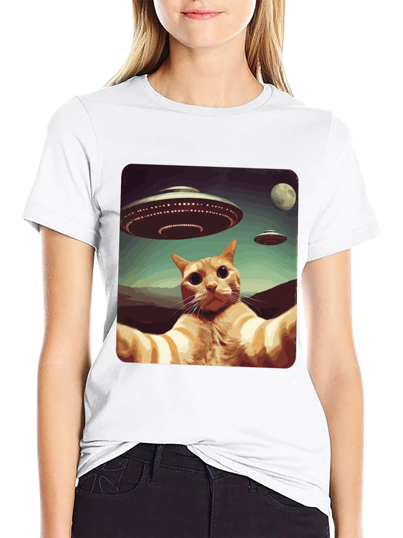 Cat Selfie Alien UFO Graphic Tee