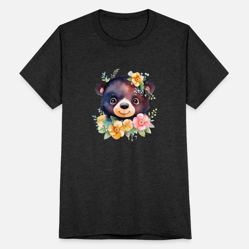 Black and Brown Forest Bear Watercolor Floral