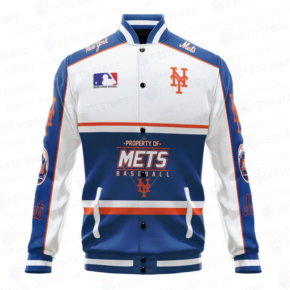 New York Mets Baseball White And Dark Blue Pattern Varsity Jacket - All-Over-Printed Jacket