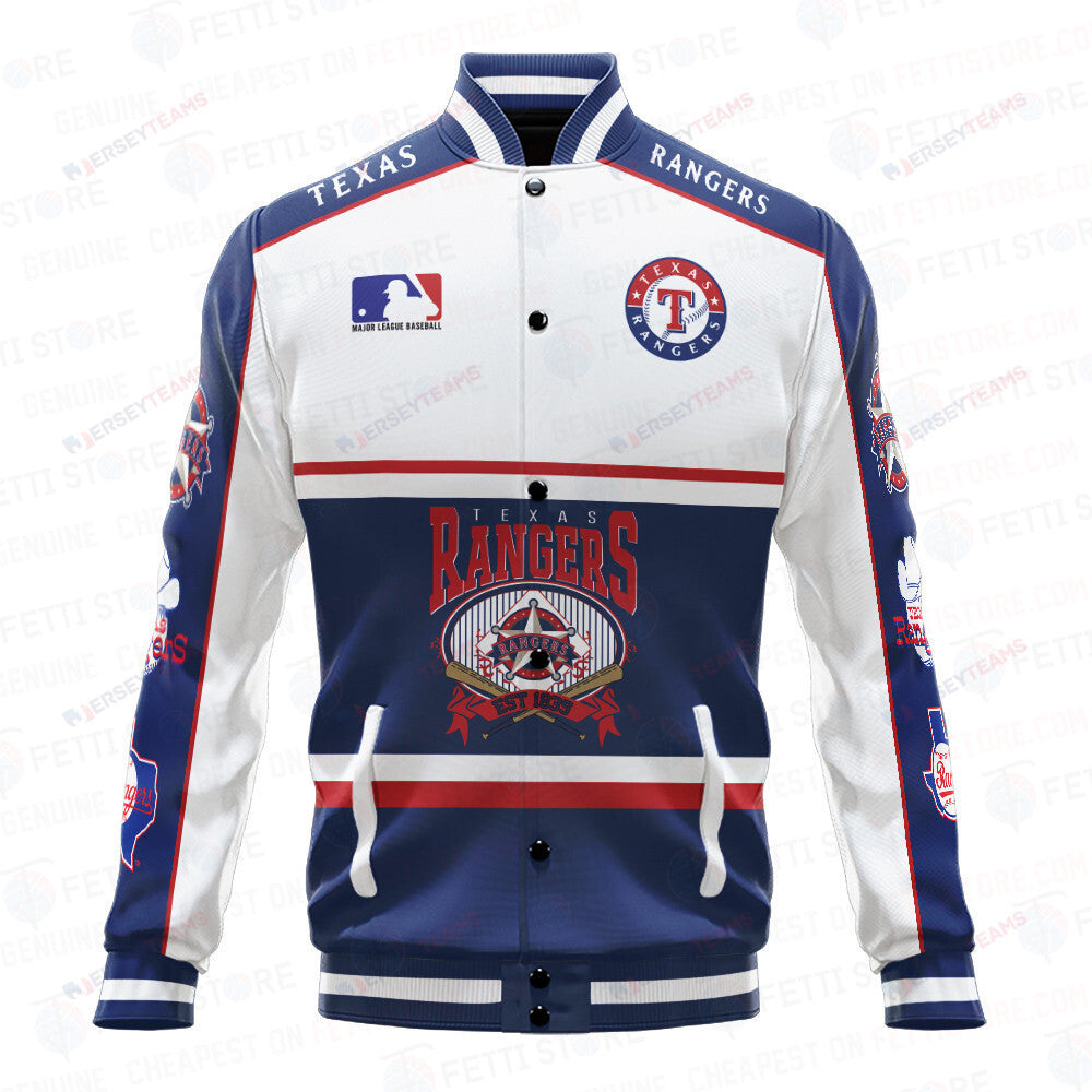 Texas Rangers Baseball White And Navy Pattern Varsity Jacket - All-Over-Printed Jacket