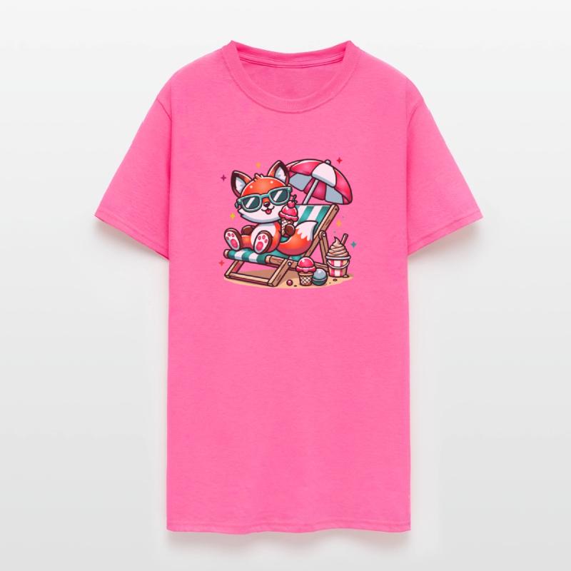 happy cartoon fox on the beach on a lounger