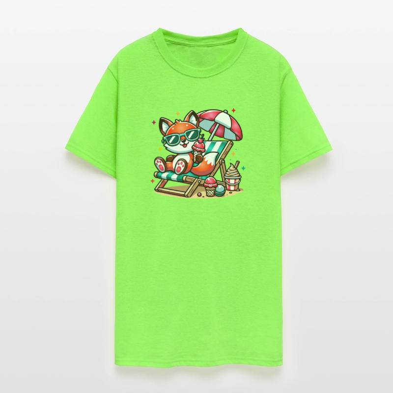 happy cartoon fox on the beach on a lounger