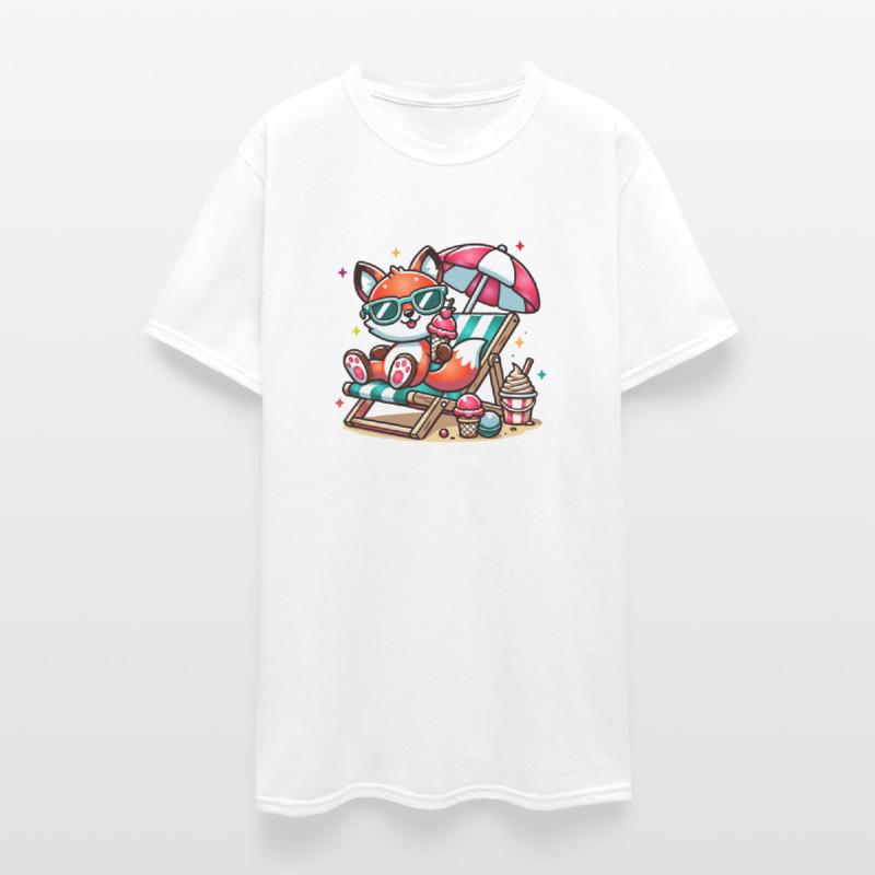 happy cartoon fox on the beach on a lounger