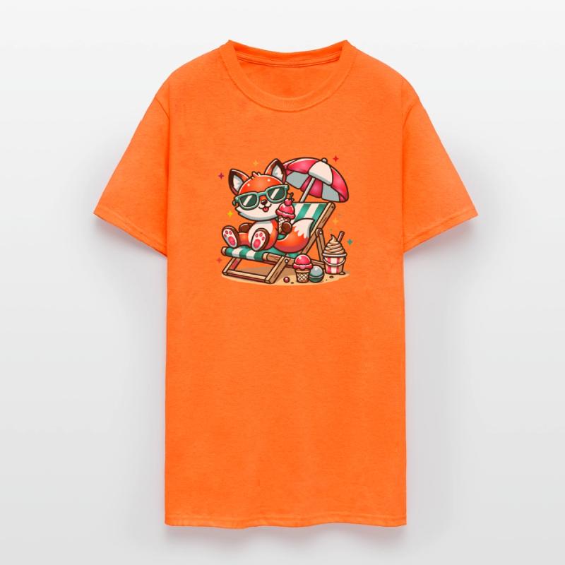 happy cartoon fox on the beach on a lounger