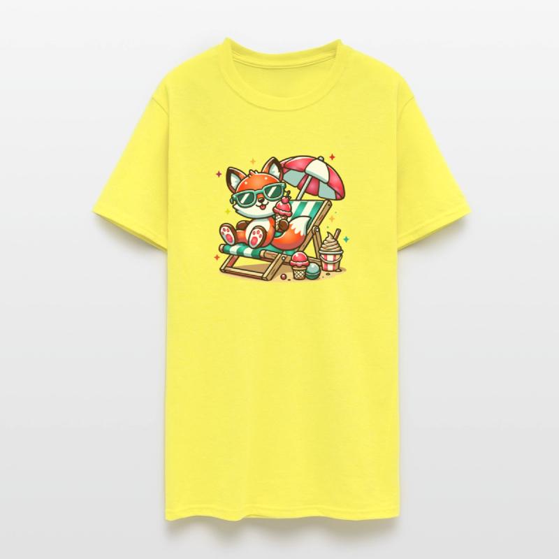 happy cartoon fox on the beach on a lounger