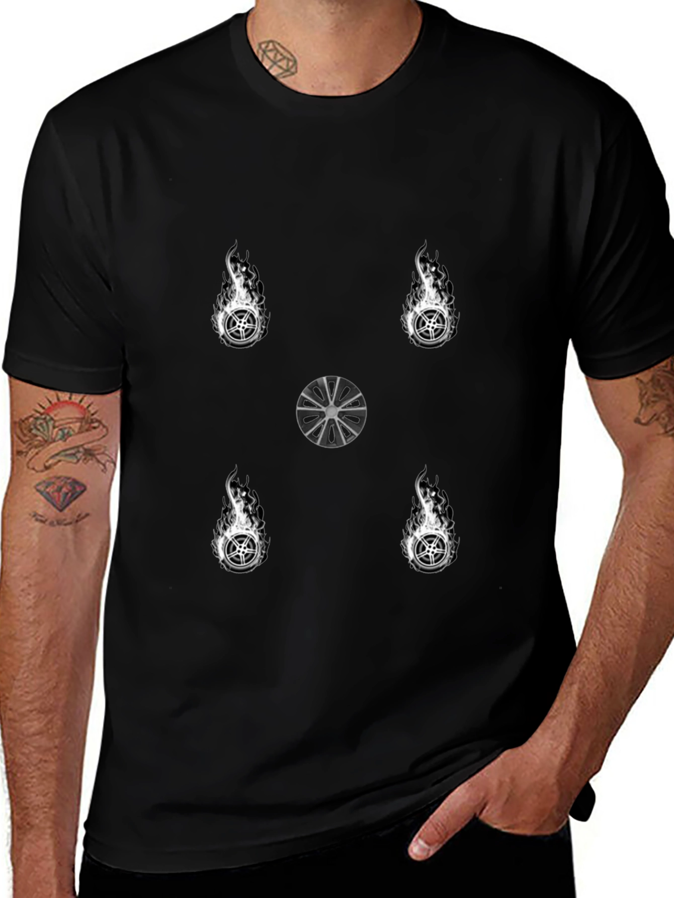 Fiery Wheel Graphic Tee - Stylish Black T-Shirt