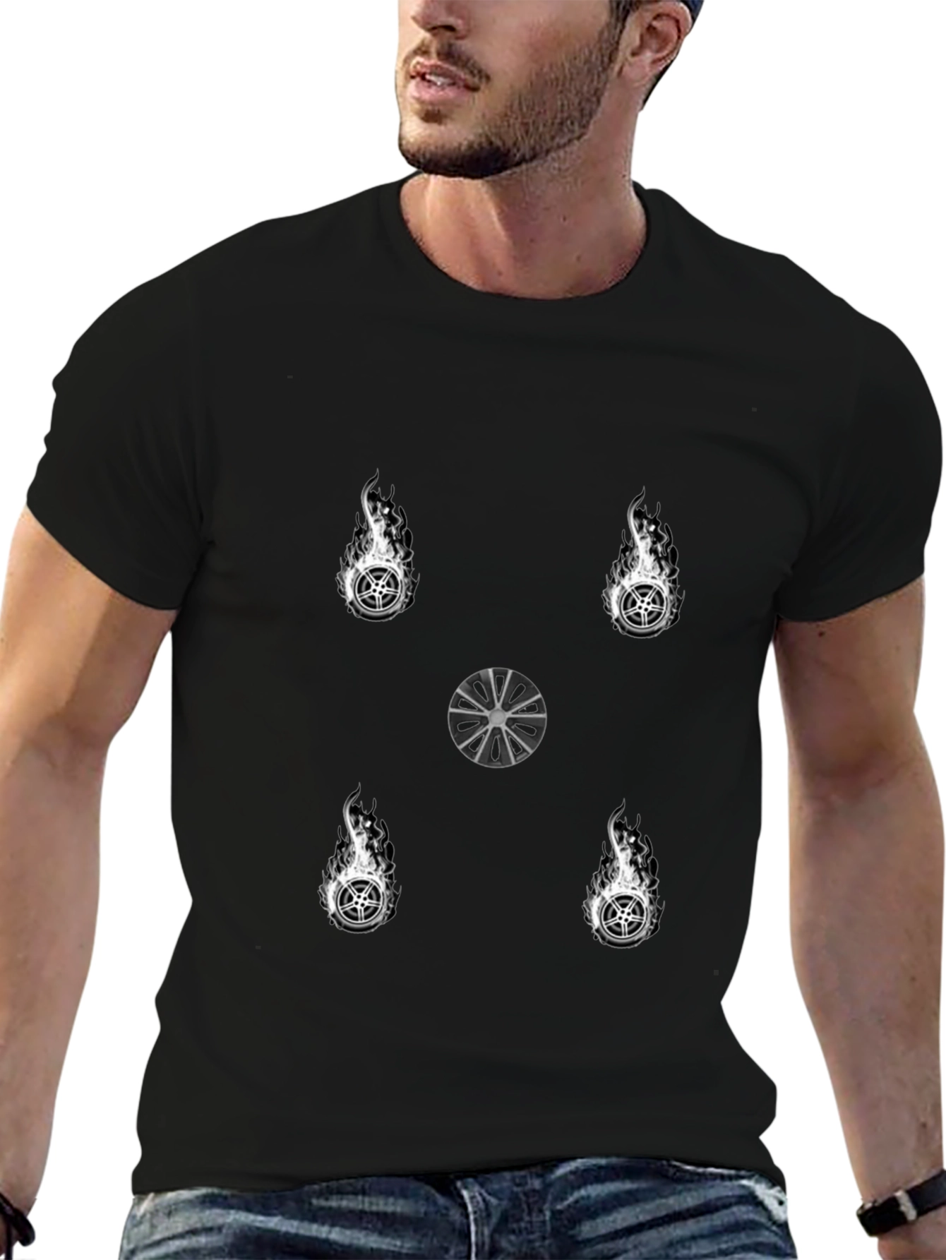 Fiery Wheel Graphic Tee - Stylish Black T-Shirt