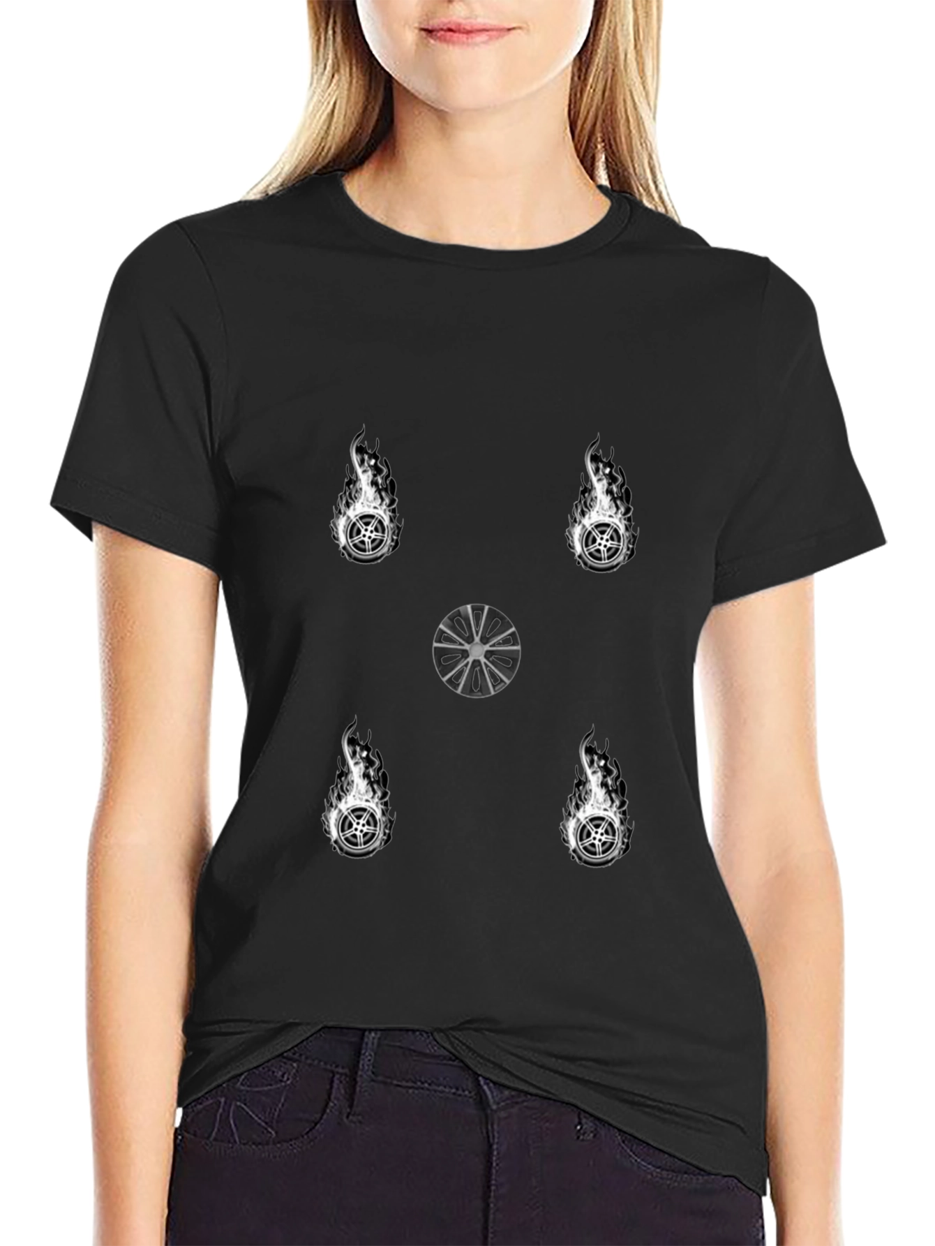 Fiery Wheel Graphic Tee - Stylish Black T-Shirt