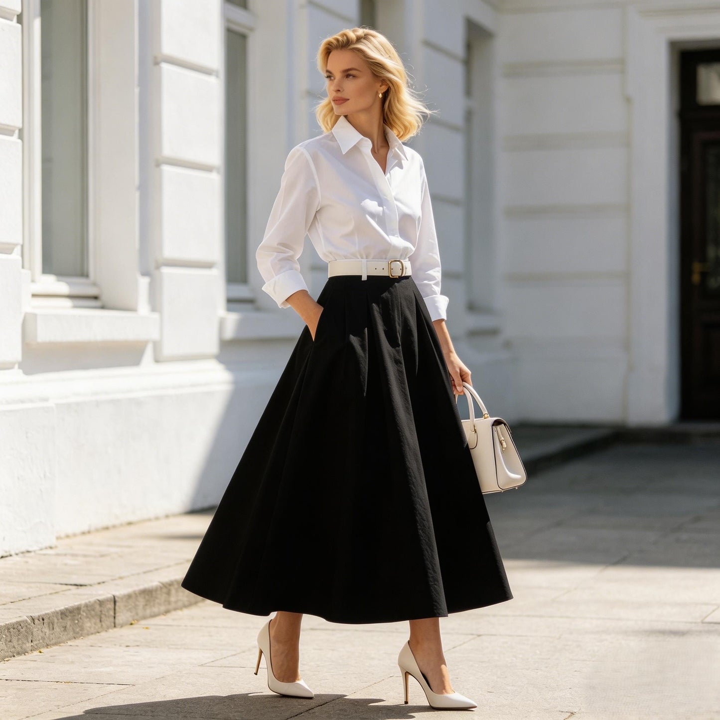 Clean White Maxi A Line Skirt For Women Elegant High Waist Long Skirt Minimal Modern Spring Fall Fashion Piece