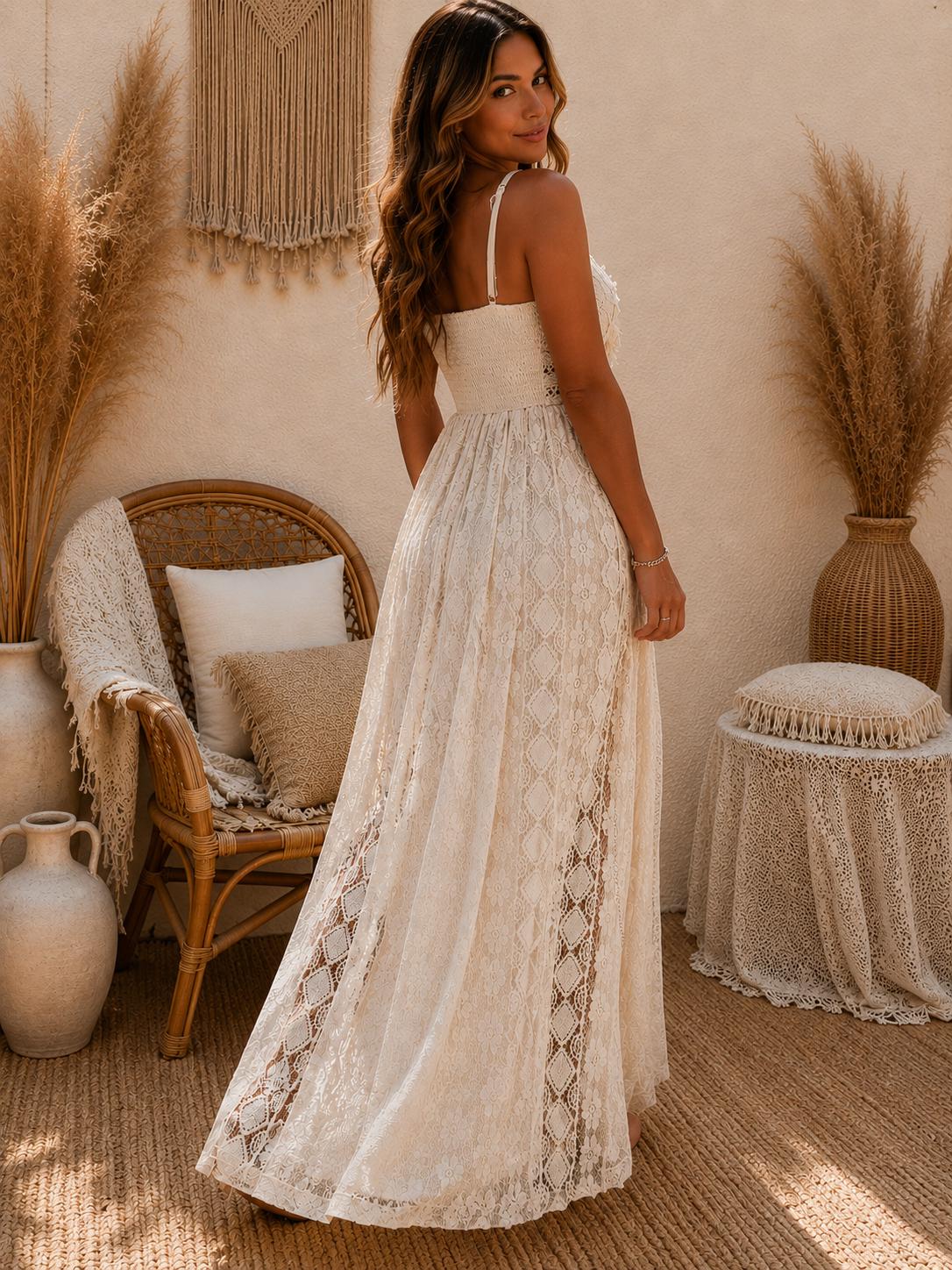 Women Lace Maxi Dress, V Neck Sleeveless Summer Beach Dress, Elegant Hollow Out Vacation Dress, Flowy Elegant Sundress, Resort Wear