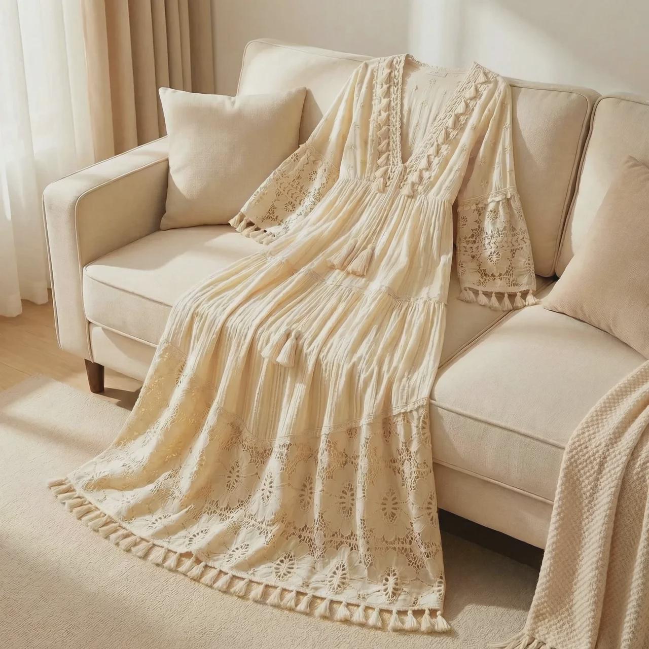 Boho Maxi Dress for Women, Lace Beach Dress, Flowy Vacation Outfit, Romantic Summer Dress, Elegant Resort Wear Dress