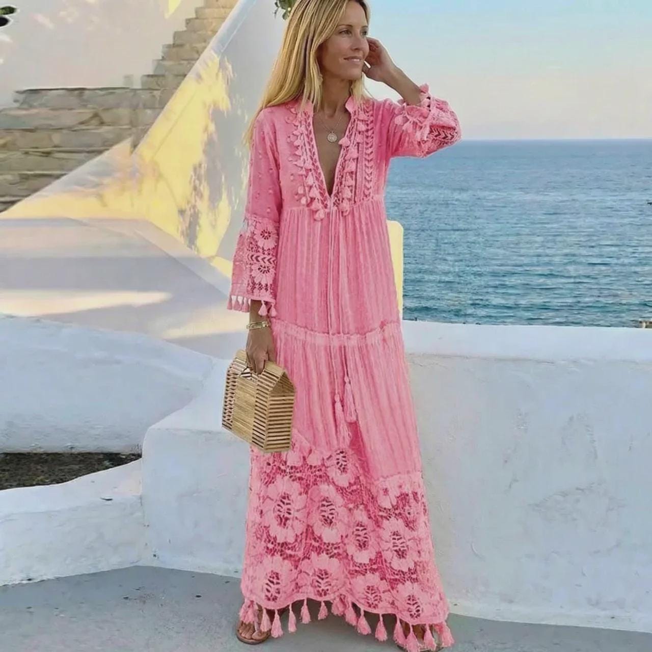 Boho Maxi Dress for Women, Lace Beach Dress, Flowy Vacation Outfit, Romantic Summer Dress, Elegant Resort Wear Dress