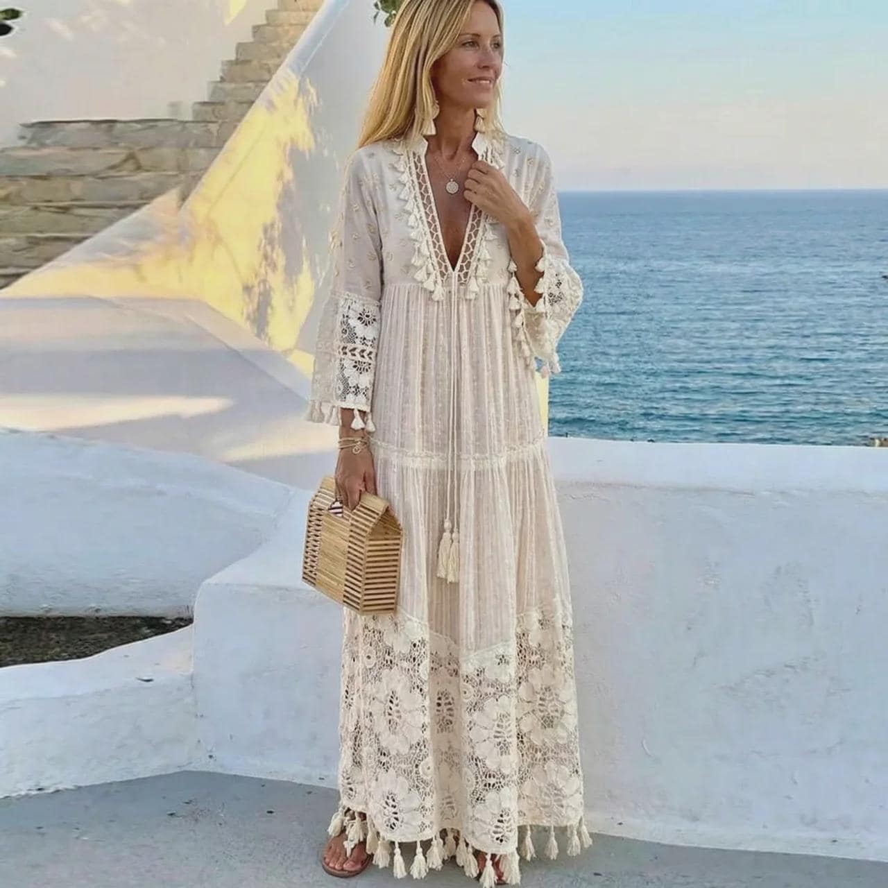 Boho Maxi Dress for Women, Lace Beach Dress, Flowy Vacation Outfit, Romantic Summer Dress, Elegant Resort Wear Dress