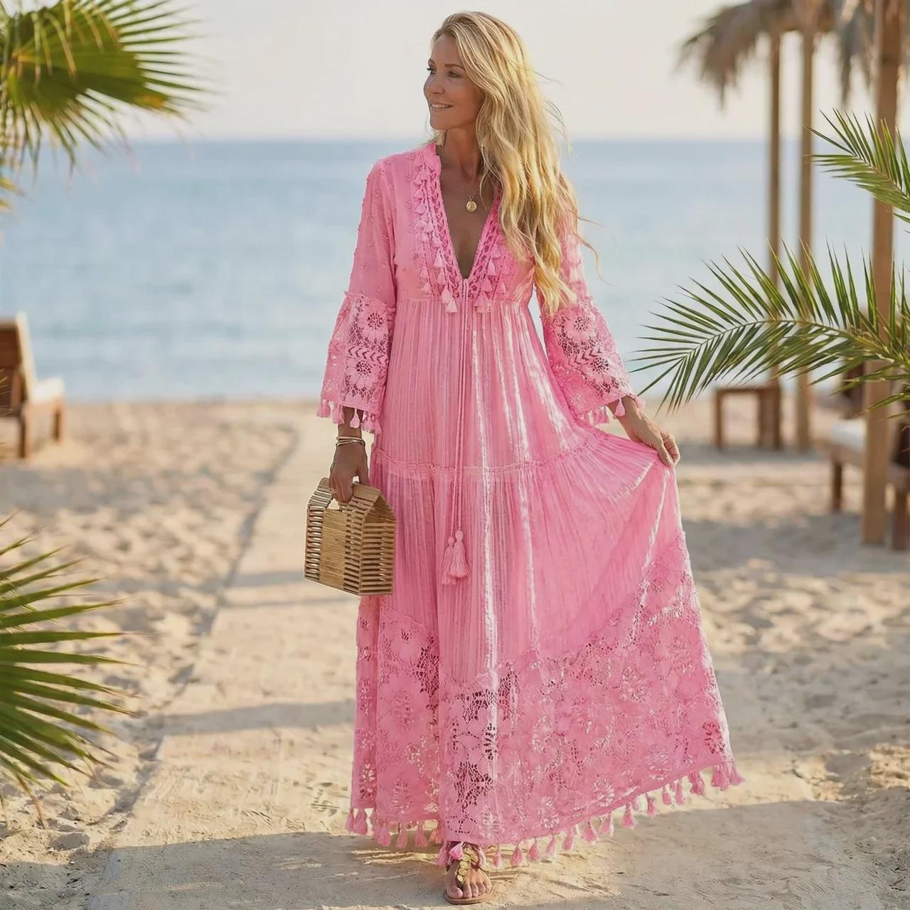 Boho Maxi Dress for Women, Lace Beach Dress, Flowy Vacation Outfit, Romantic Summer Dress, Elegant Resort Wear Dress
