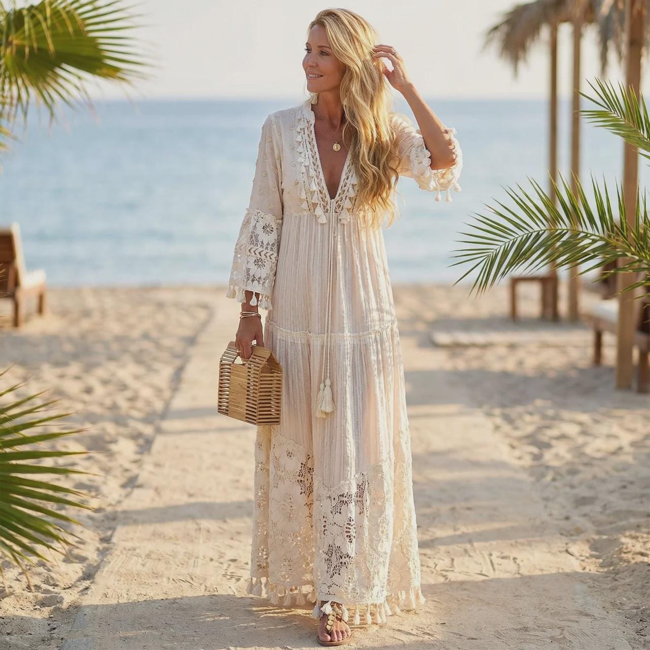 Boho Maxi Dress for Women, Lace Beach Dress, Flowy Vacation Outfit, Romantic Summer Dress, Elegant Resort Wear Dress