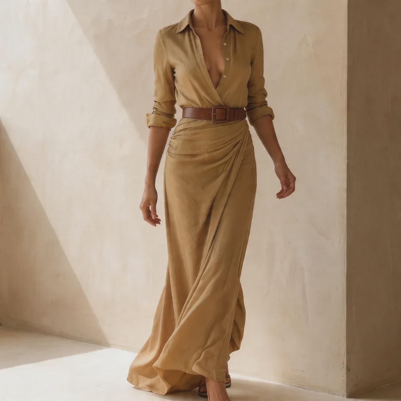 Luxury Maxi Shirt Dress for Women, Elegant Designer Style Dress, Stylish Belted Evening Dress, Timeless Feminine Dress
