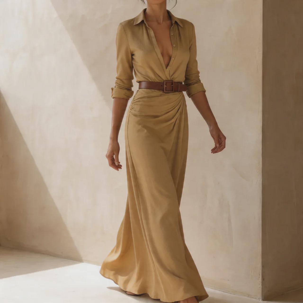 Luxury Maxi Shirt Dress for Women, Elegant Designer Style Dress, Stylish Belted Evening Dress, Timeless Feminine Dress