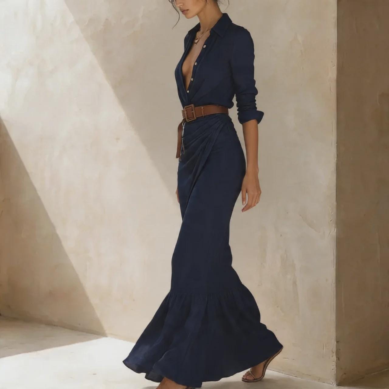 Luxury Maxi Shirt Dress for Women, Elegant Designer Style Dress, Stylish Belted Evening Dress, Timeless Feminine Dress