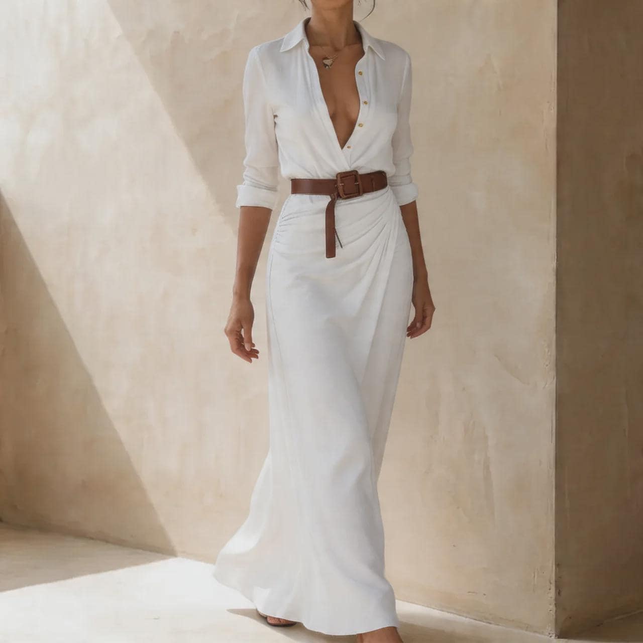Luxury Maxi Shirt Dress for Women, Elegant Designer Style Dress, Stylish Belted Evening Dress, Timeless Feminine Dress