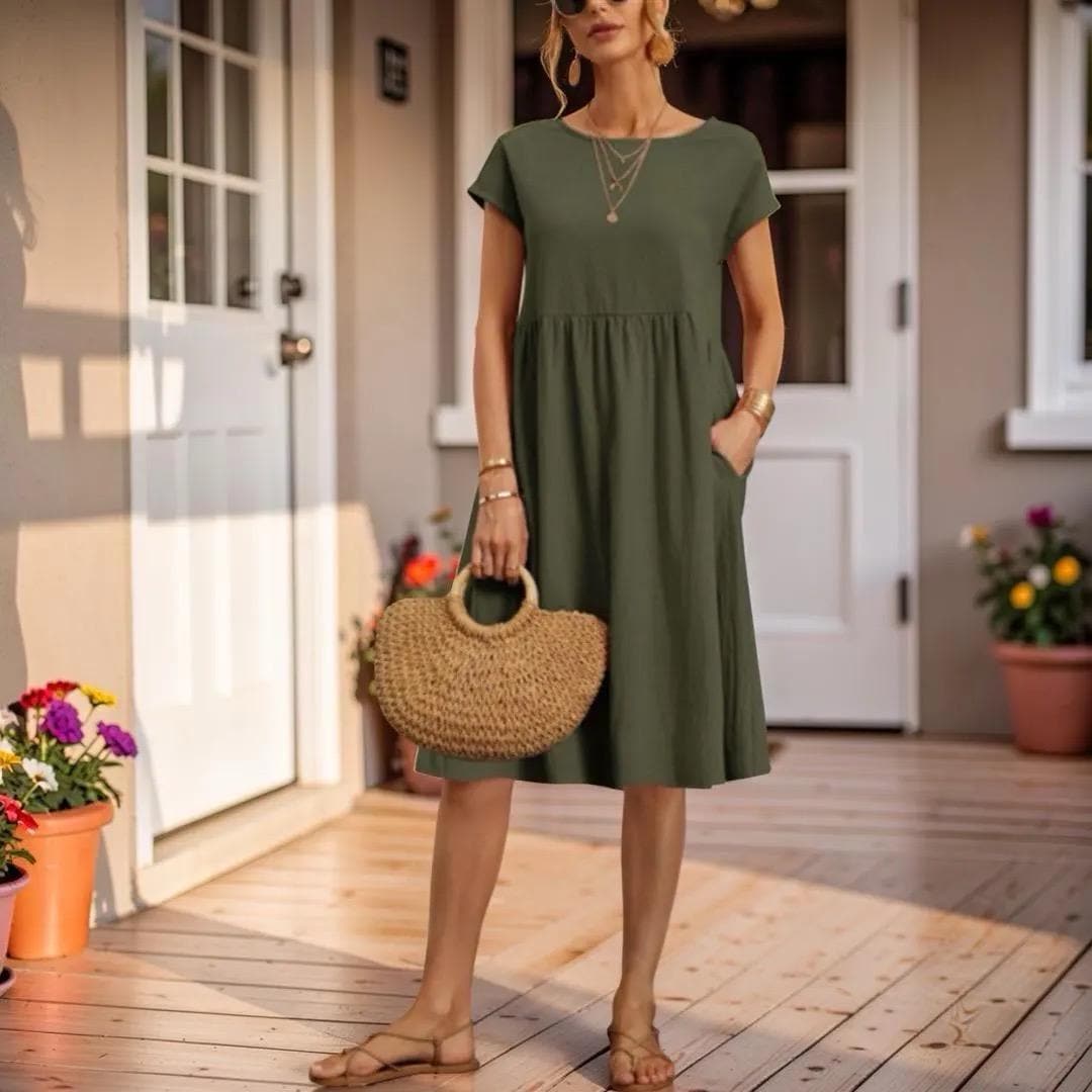 Casual Pocket Midi Dress, Women's Loose Babydoll Summer Dress