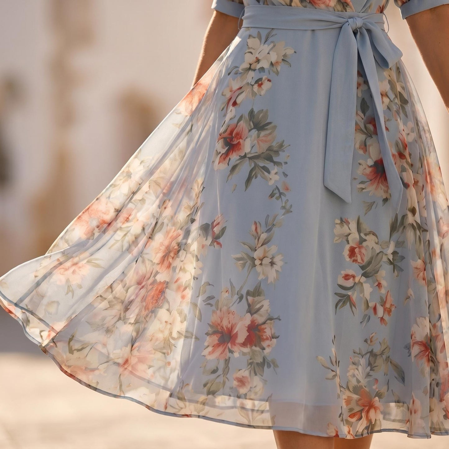 Blue Floral Wrap Maxi Dress, Chiffon Summer Dress for Women, Elegant Boho Wedding Guest Dress, Cottagecore Midi Dress