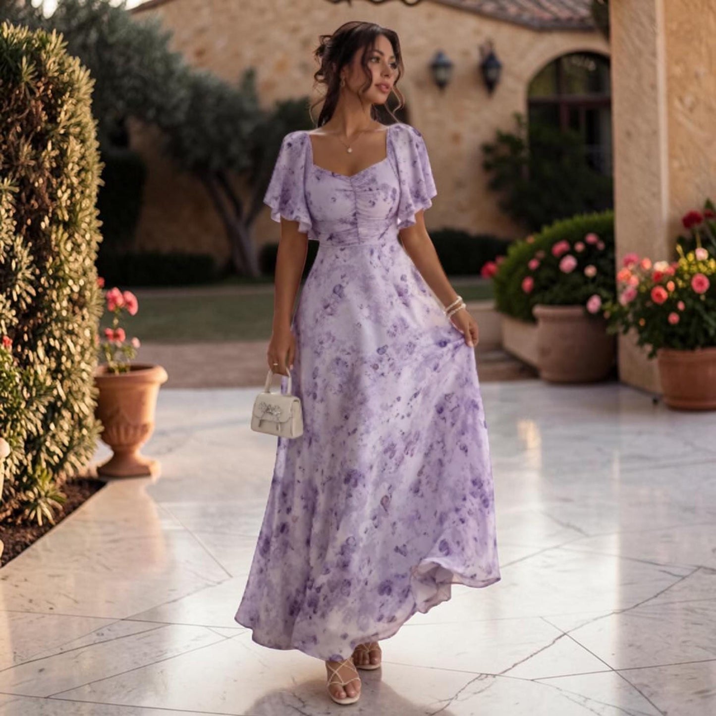 Floral Chiffon Maxi Dress – Romantic Ruched Flutter Sleeve Dress – European Style Flowy Outfit – Elegant Summer Dress
