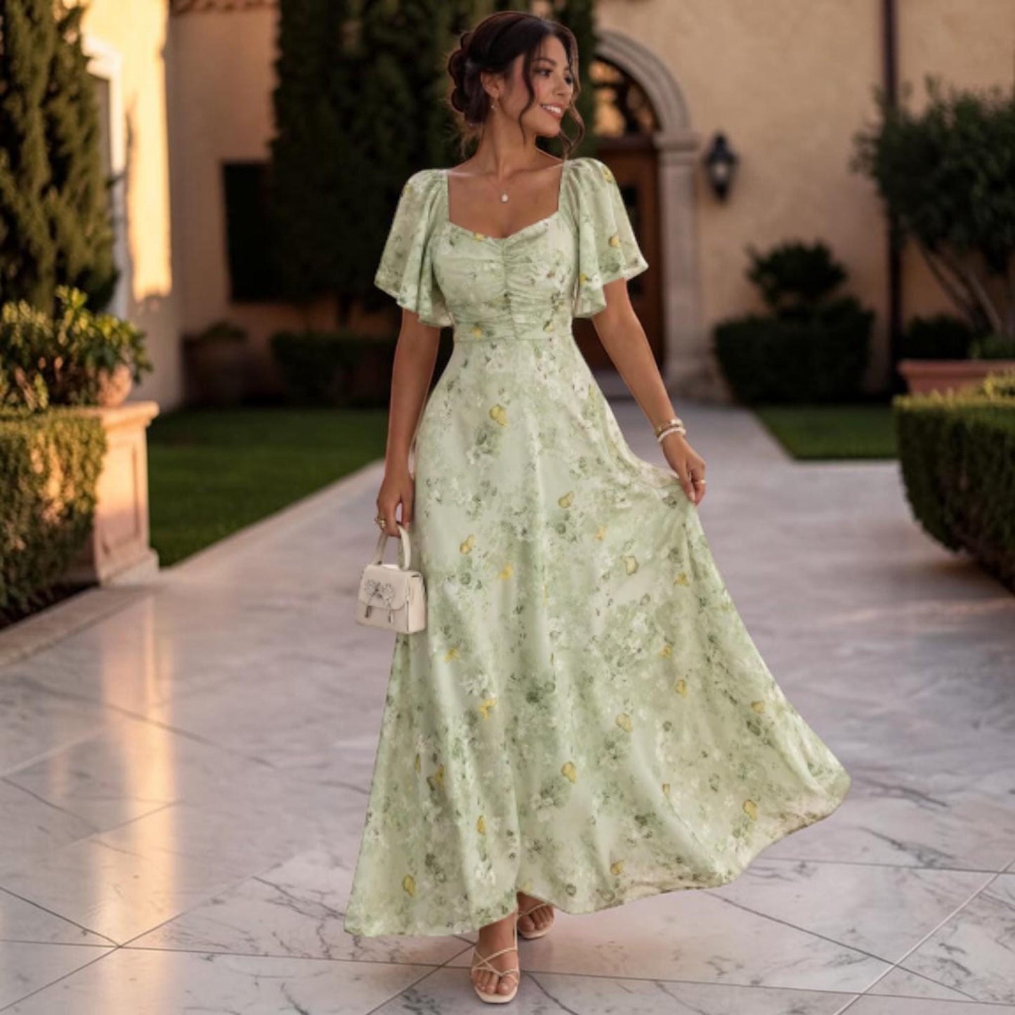Floral Chiffon Maxi Dress – Romantic Ruched Flutter Sleeve Dress – European Style Flowy Outfit – Elegant Summer Dress