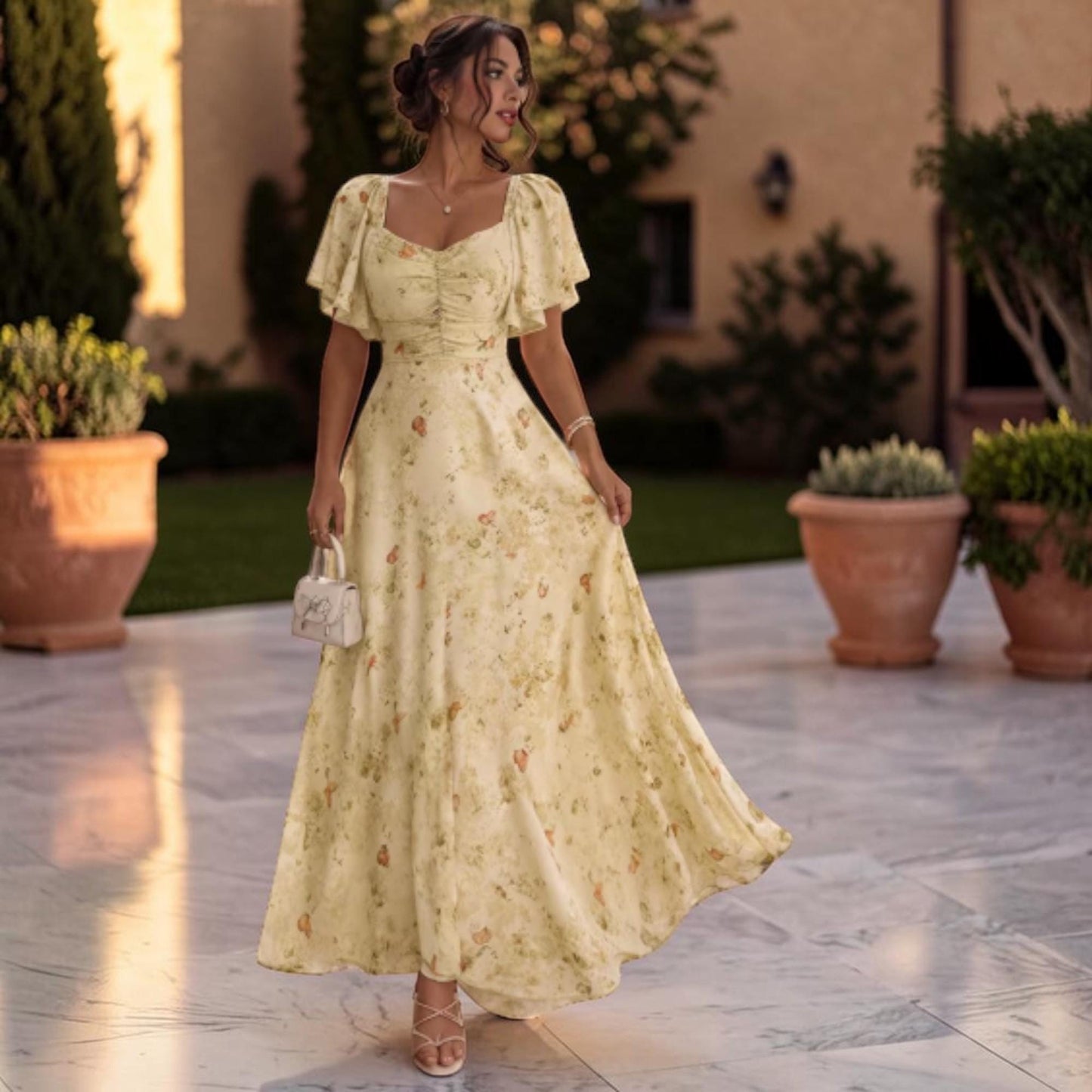 Floral Chiffon Maxi Dress – Romantic Ruched Flutter Sleeve Dress – European Style Flowy Outfit – Elegant Summer Dress