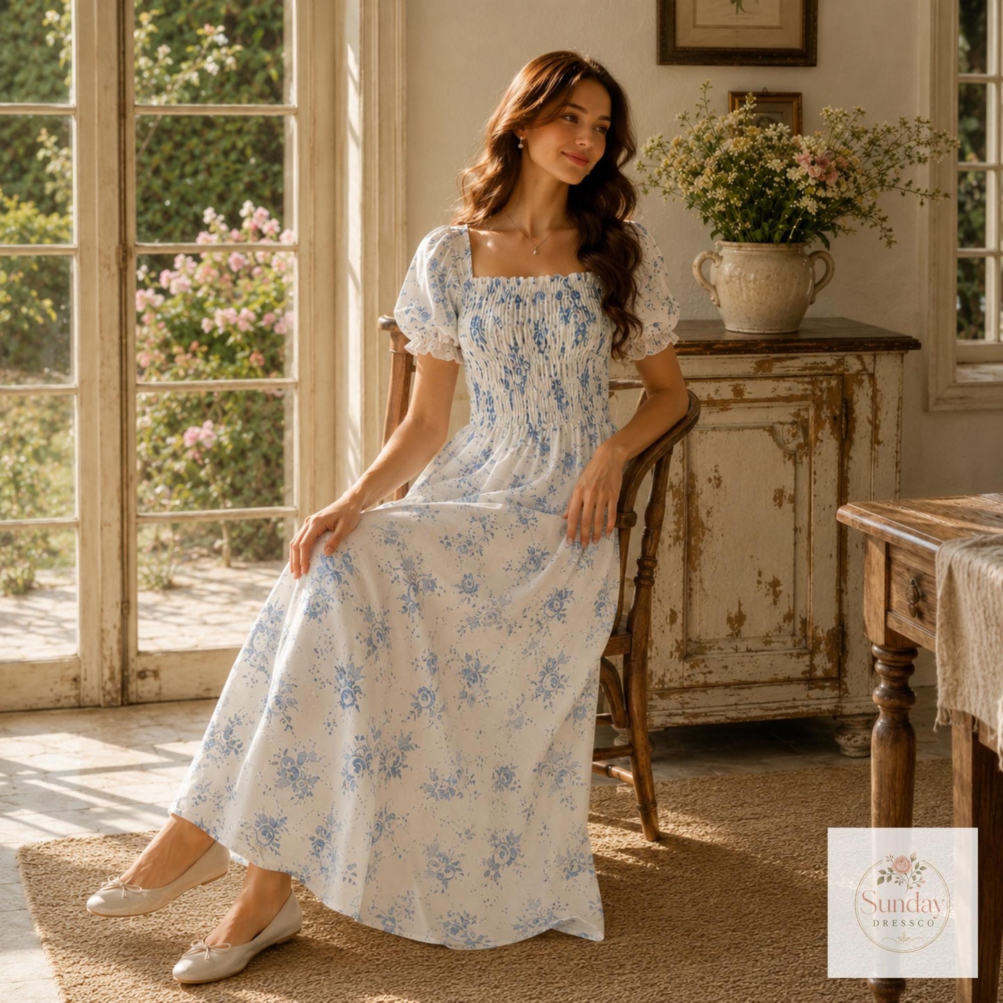 Blue Floral Maxi Dress - Smocked Puff Sleeve Sundress, Cottagecore Outfit, Summer