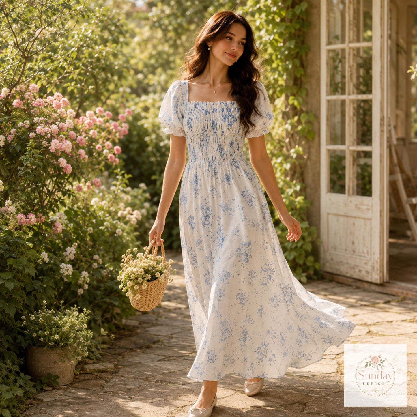 Blue Floral Maxi Dress - Smocked Puff Sleeve Sundress, Cottagecore Outfit, Summer