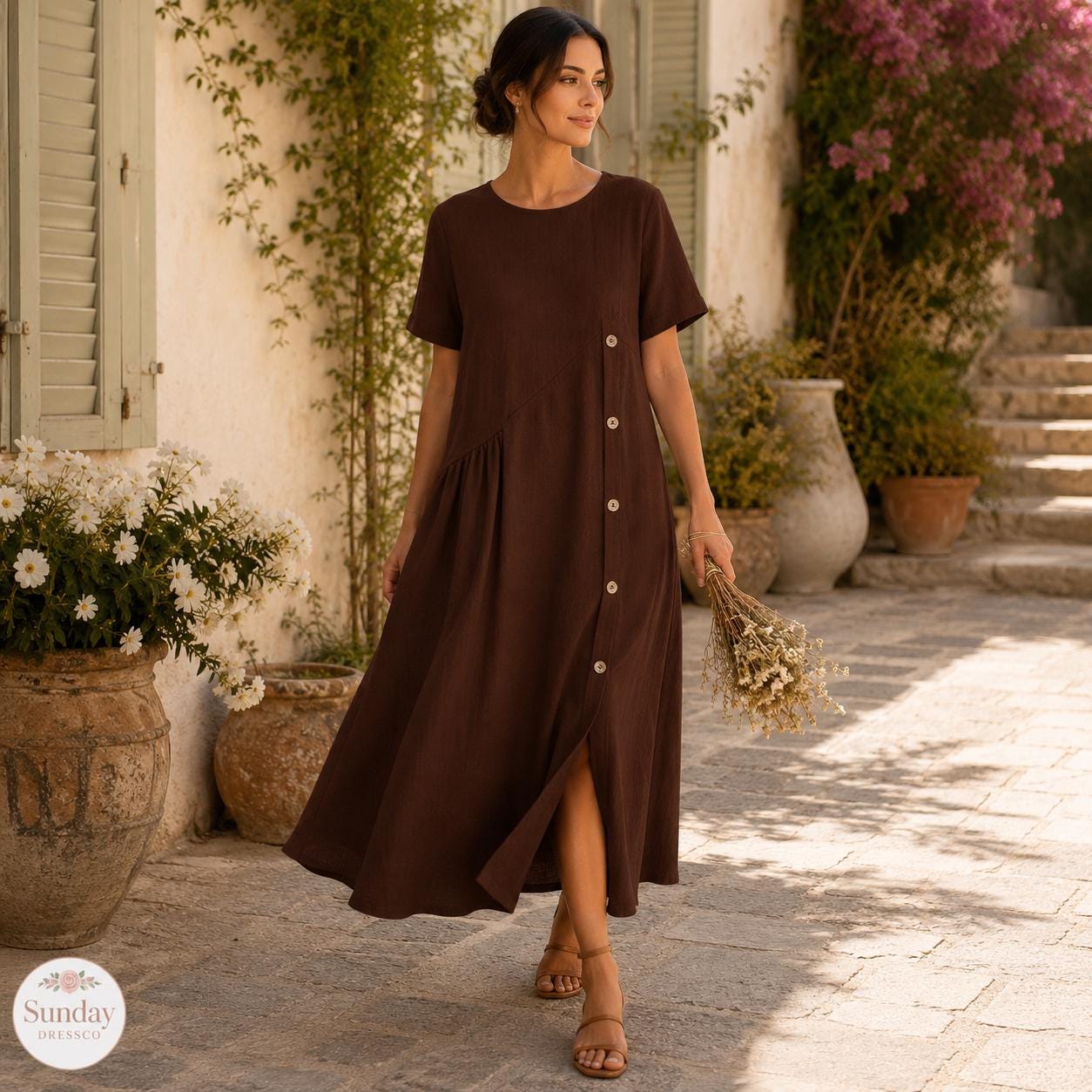 Linen Look Midi Dress - Button Front Sundress, Womens Clothing, Summer Outfit