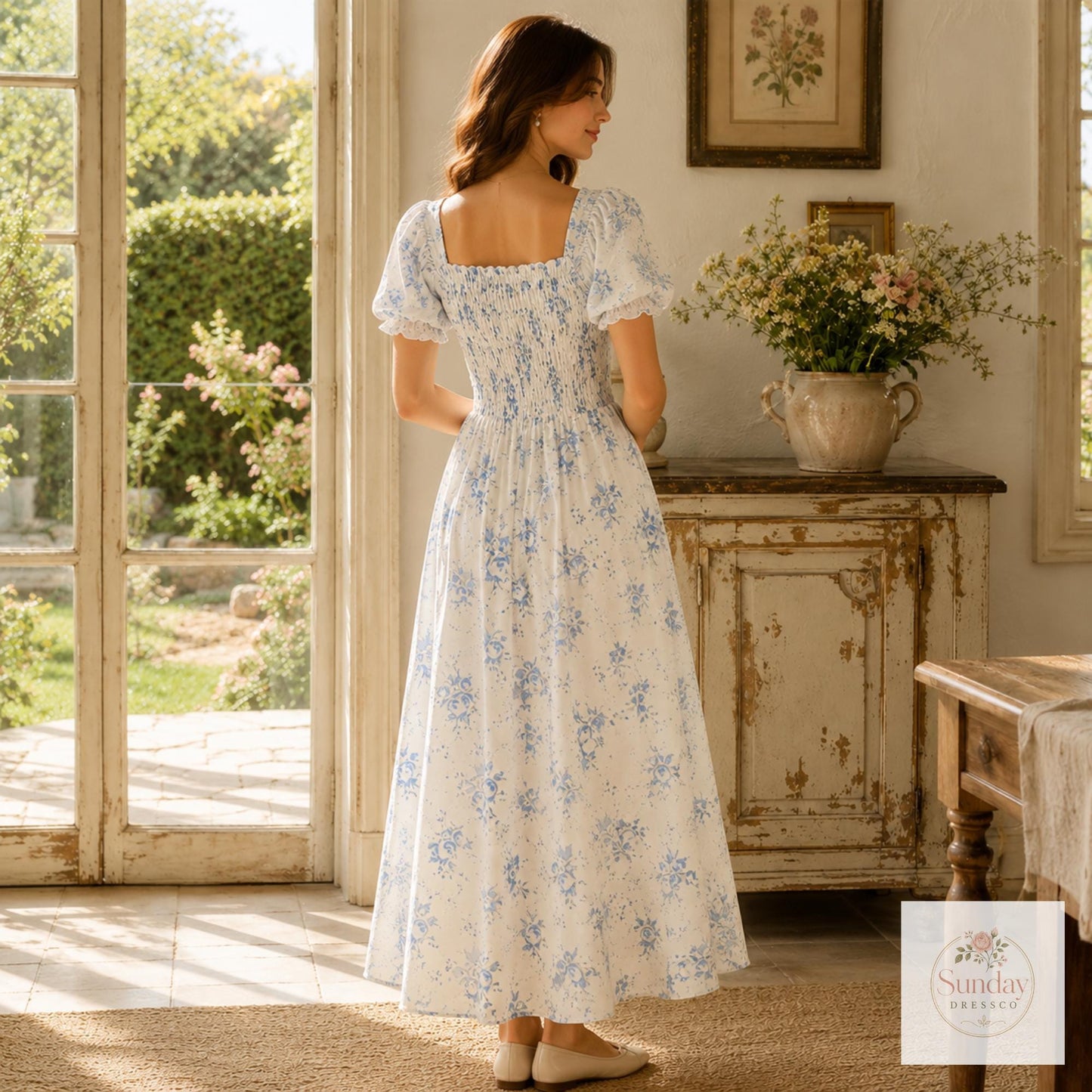Blue Floral Maxi Dress - Smocked Puff Sleeve Sundress, Cottagecore Outfit, Summer