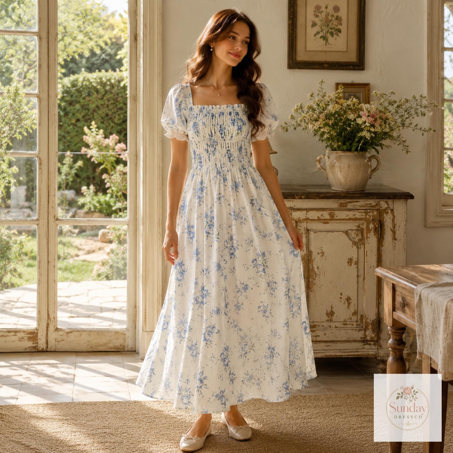 Blue Floral Maxi Dress - Smocked Puff Sleeve Sundress, Cottagecore Outfit, Summer