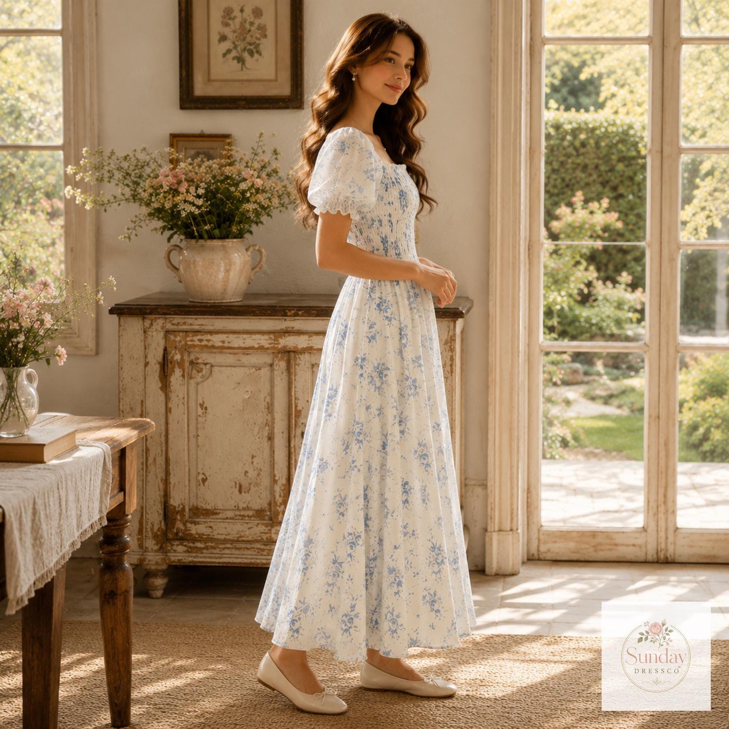 Blue Floral Maxi Dress - Smocked Puff Sleeve Sundress, Cottagecore Outfit, Summer