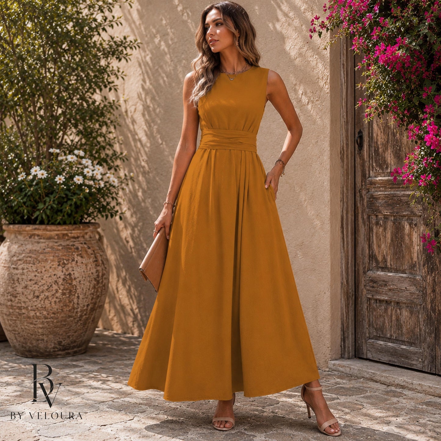 Elegant Sleeveless Maxi Dress, Wrap Waist Long Dress with Pockets, Gift For Women, Gift For Her