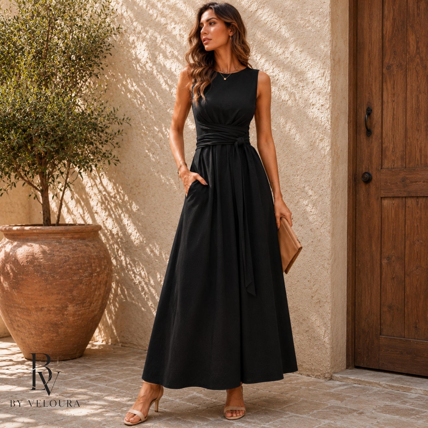 Elegant Sleeveless Maxi Dress, Wrap Waist Long Dress with Pockets, Gift For Women, Gift For Her