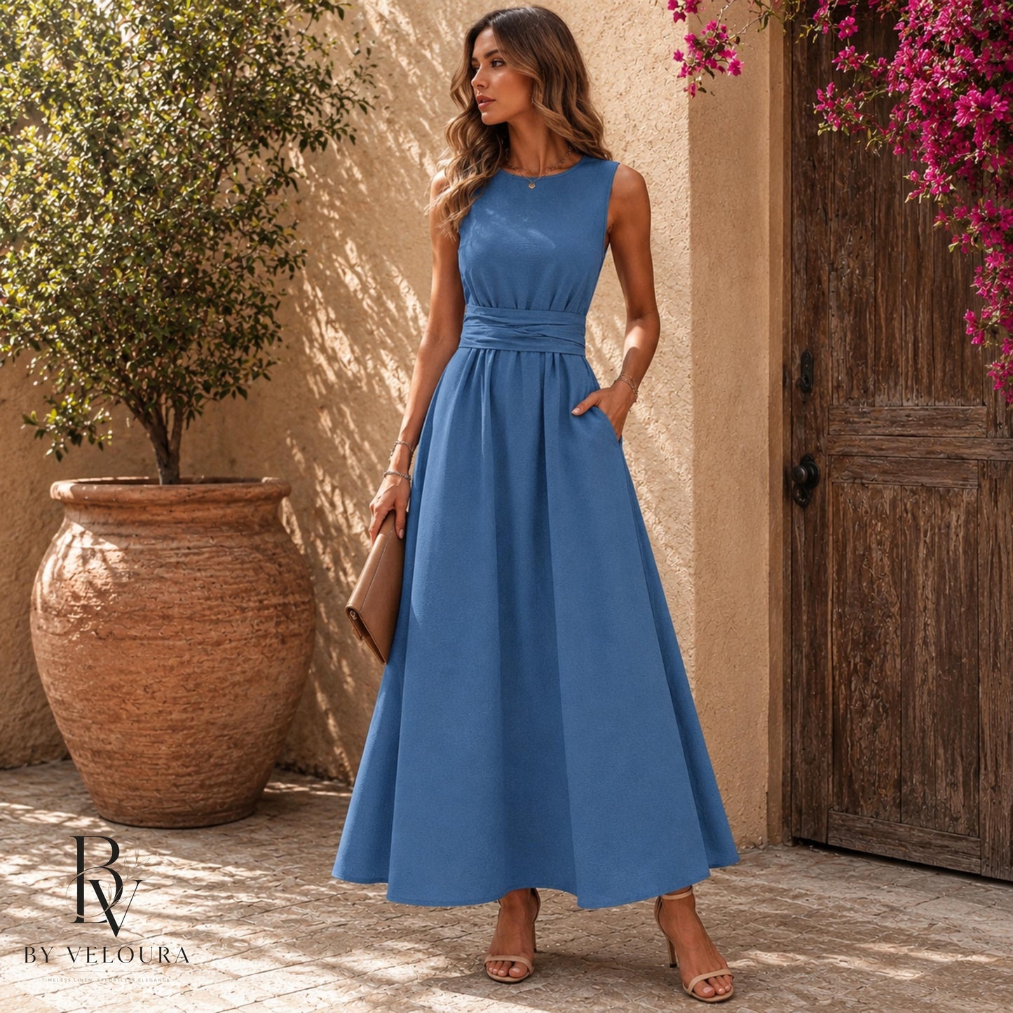 Elegant Sleeveless Maxi Dress, Wrap Waist Long Dress with Pockets, Gift For Women, Gift For Her