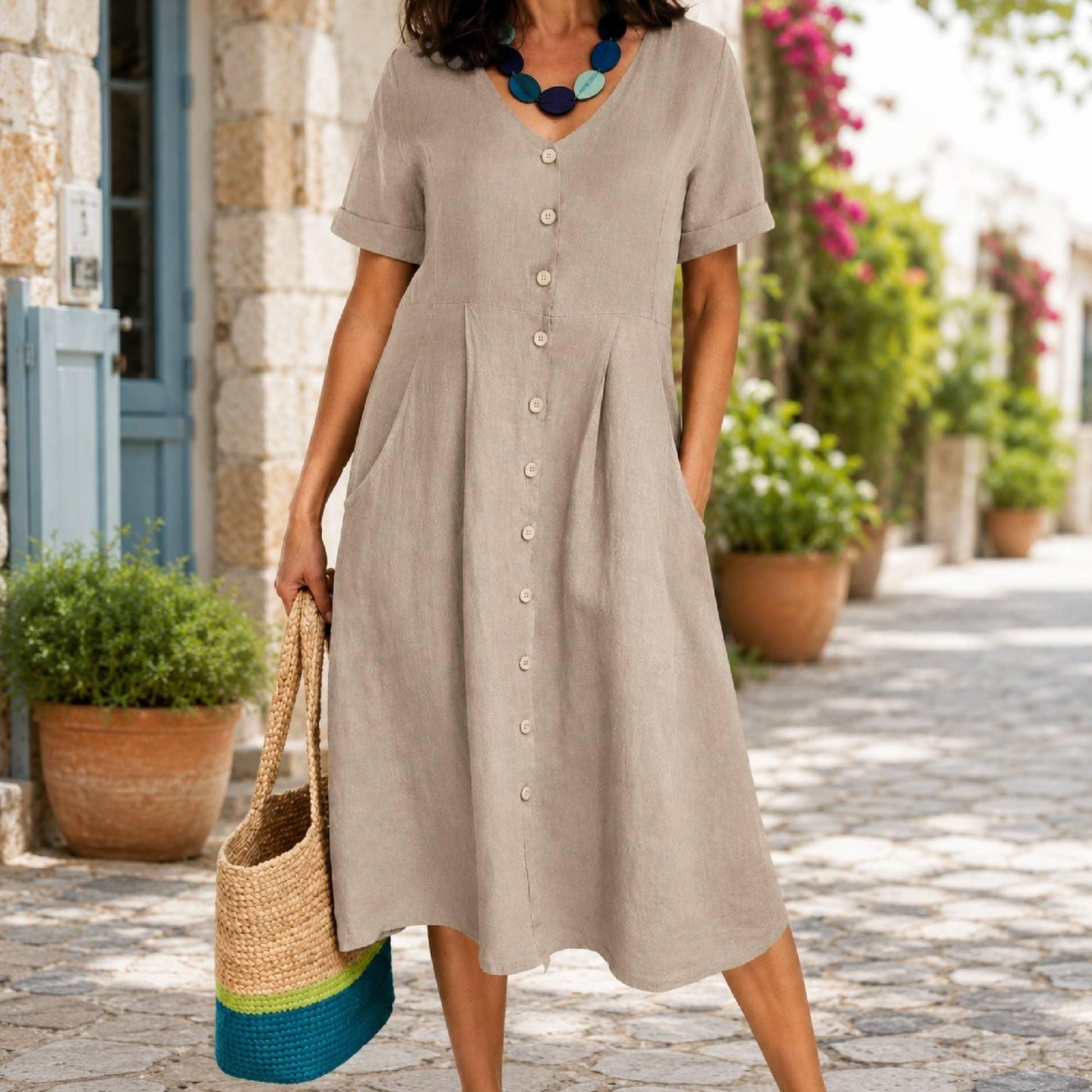 Cotton Linen Blend Midi Dress, Button Front Dress, Casual Summer Outfit, Pockets, Loose Fit