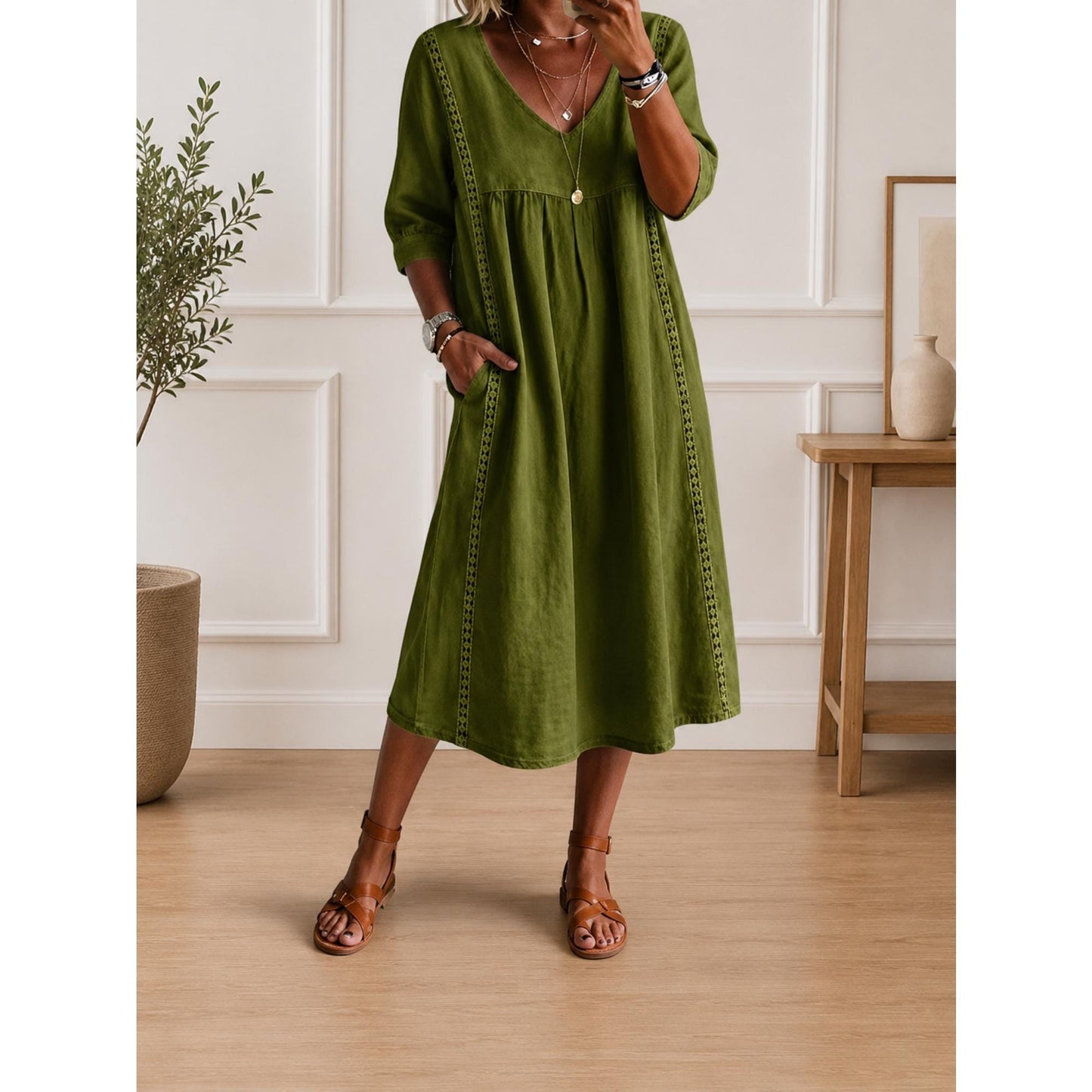 Women's Loose Cotton V Neck Pocket Midi Dress Casual Elegant Summer Outfit Dress
