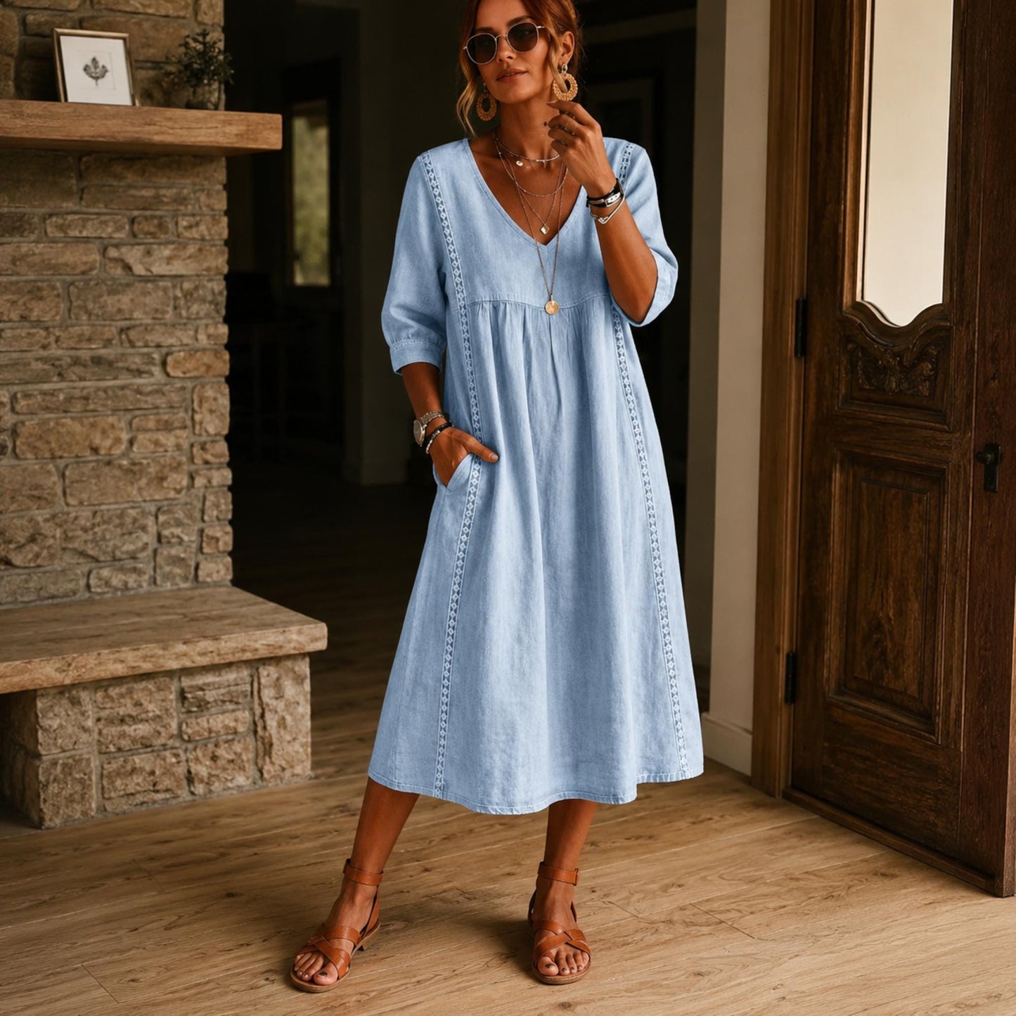 Women's Loose Cotton V Neck Pocket Midi Dress Casual Elegant Summer Outfit Dress