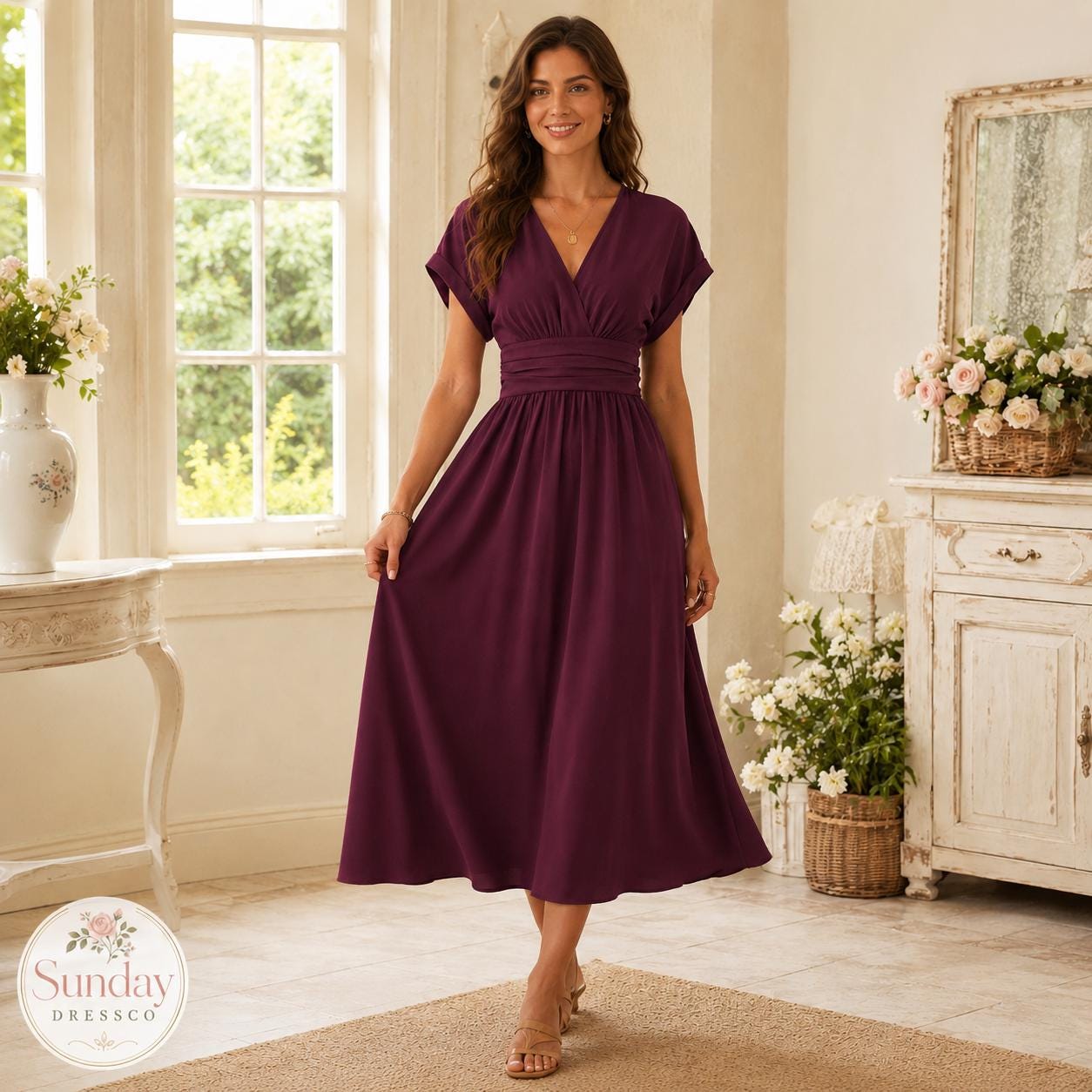 V Neck Midi Dress - Short Sleeve Gown, Women's Clothing, Summer Wedding Guest