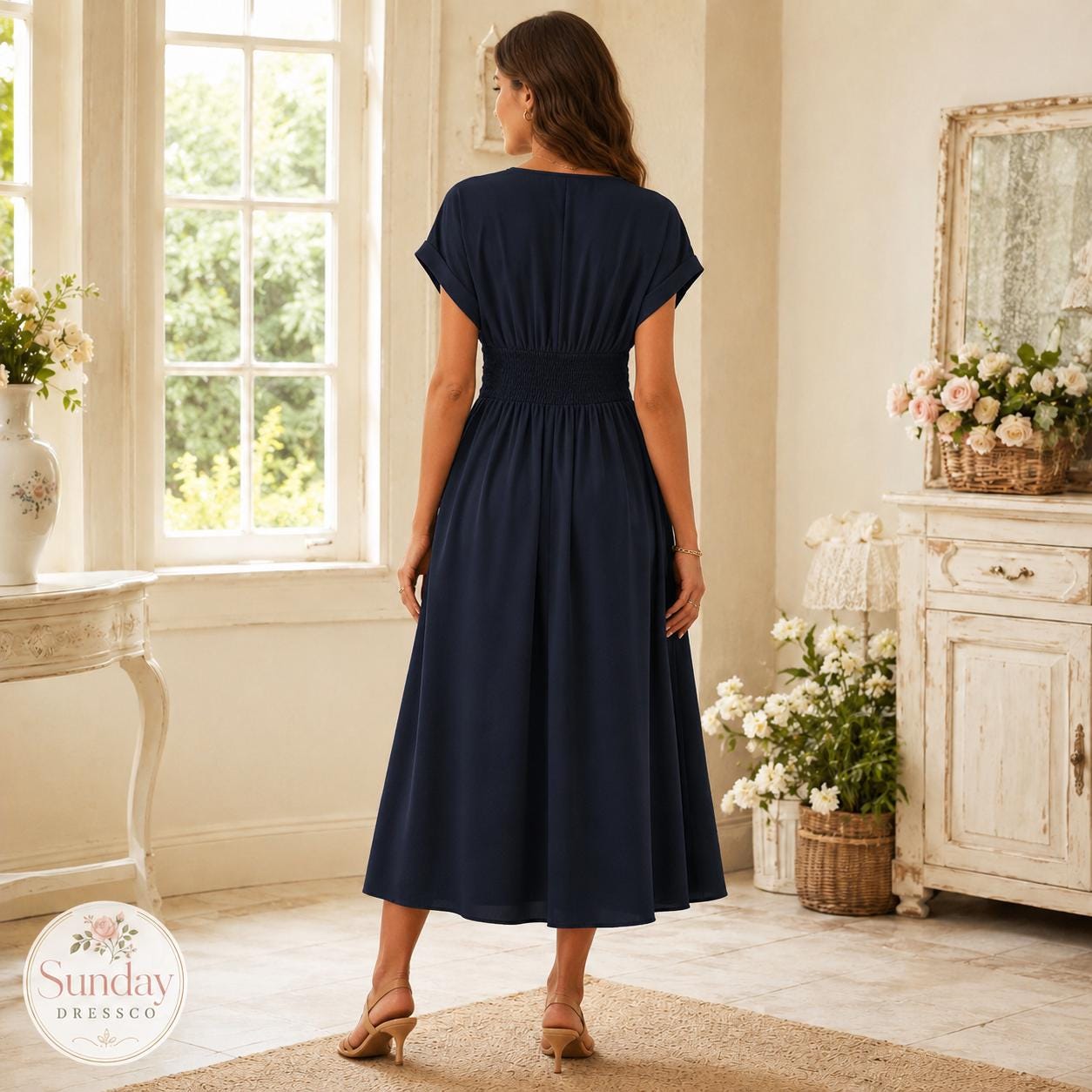 V Neck Midi Dress - Short Sleeve Gown, Women's Clothing, Summer Wedding Guest