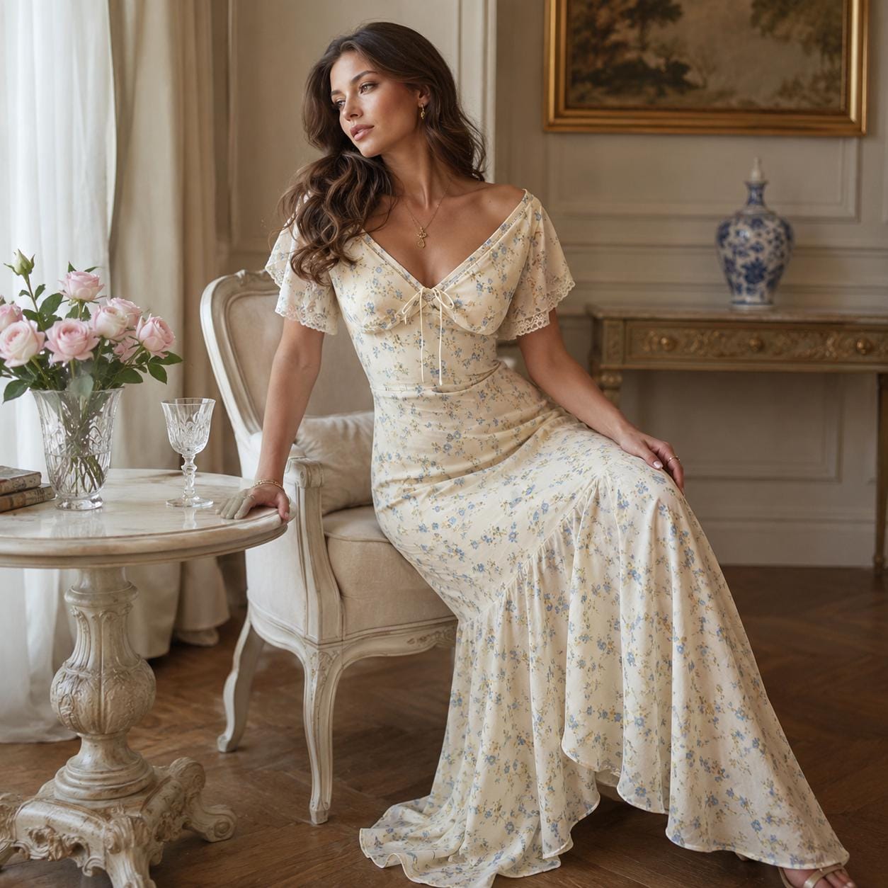 Floral V-Neck Maxi Dress, Short Sleeve Elegant Summer Holiday Party Dress