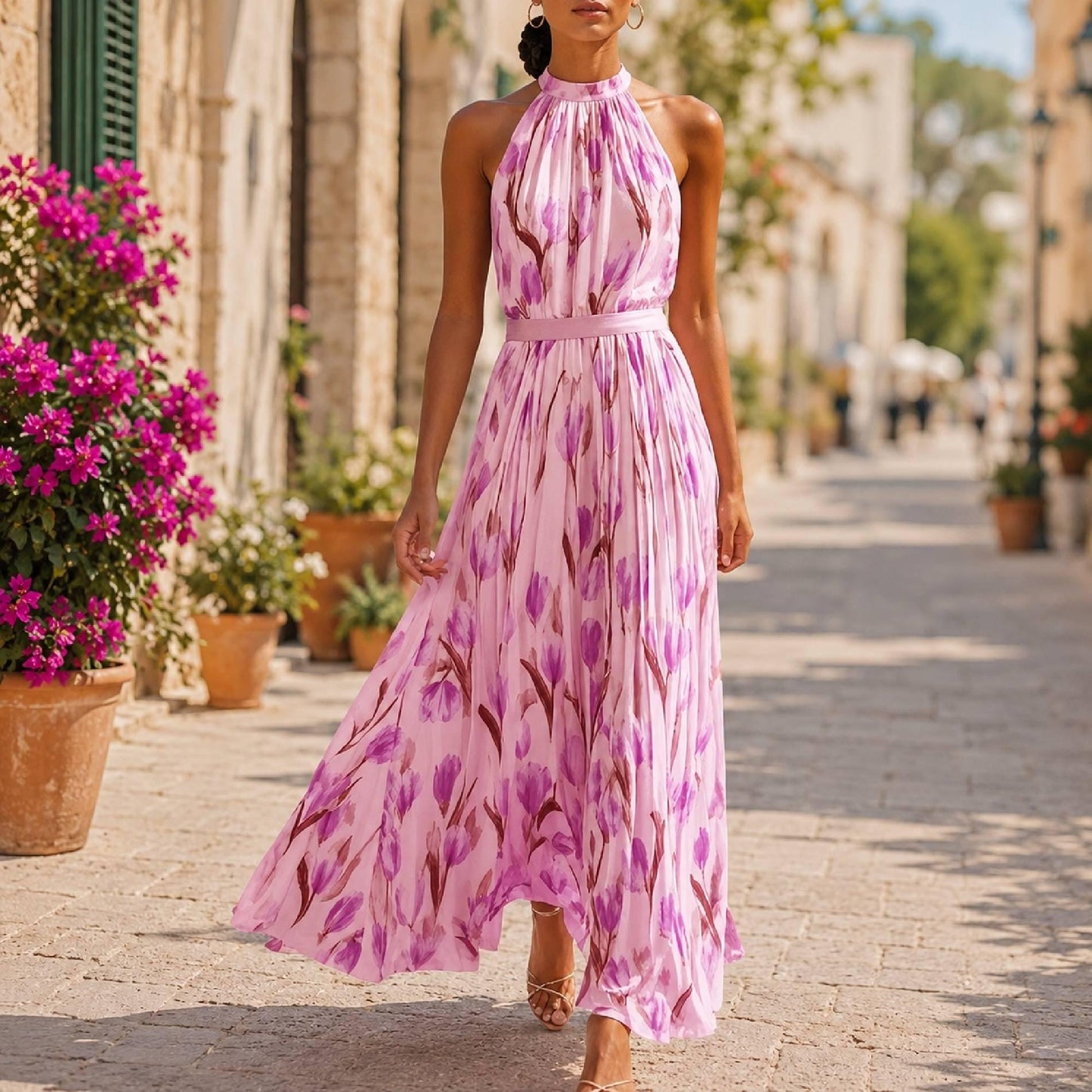 Womens Halter Maxi Dress Floral Pleated Beach Vacation Wedding Guest Summer Flowy Elegant Outfit