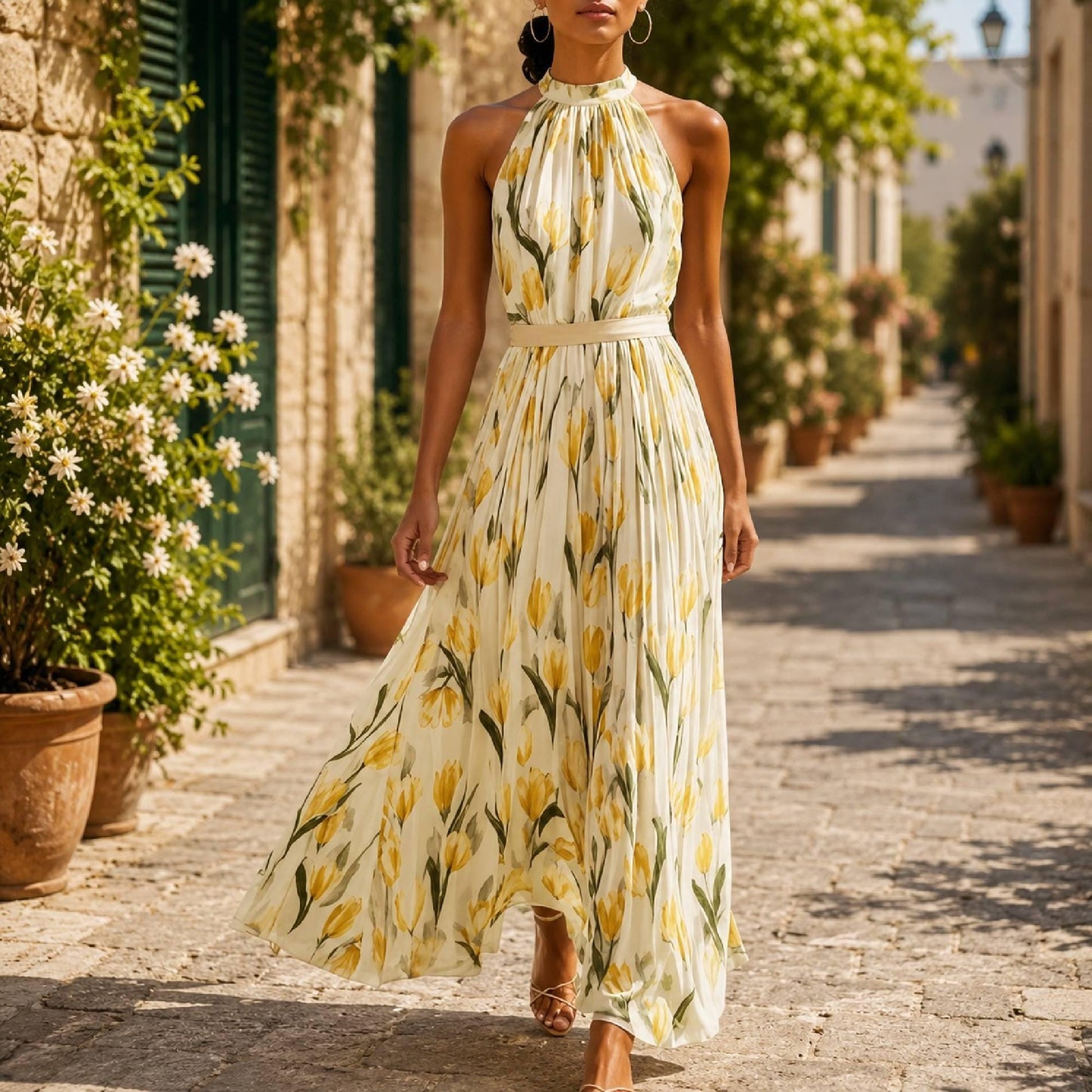 Womens Halter Maxi Dress Floral Pleated Beach Vacation Wedding Guest Summer Flowy Elegant Outfit